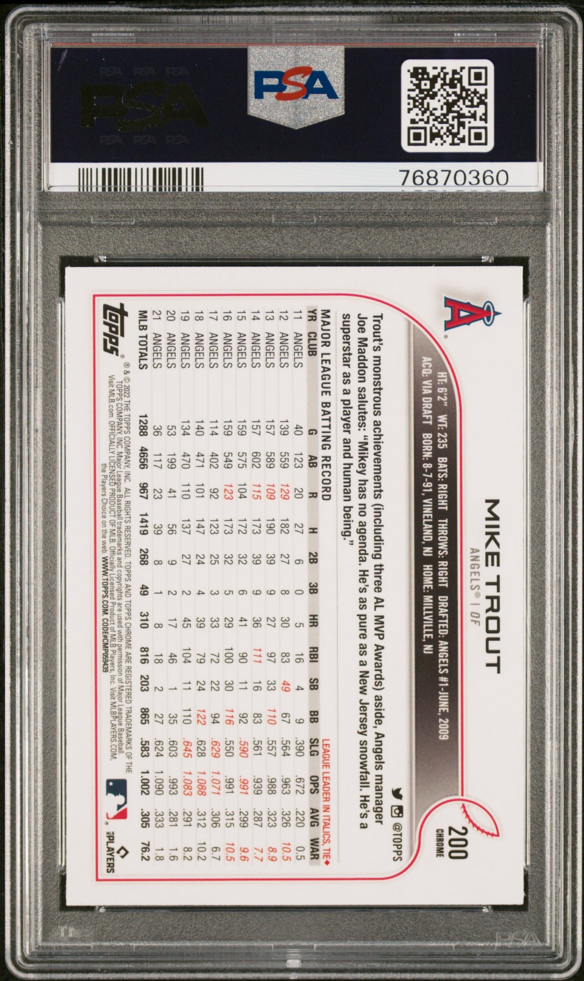 2022 Topps Chrome Sonic Mike Trout B W Raywave Refractor #200 PSA 9 Angels