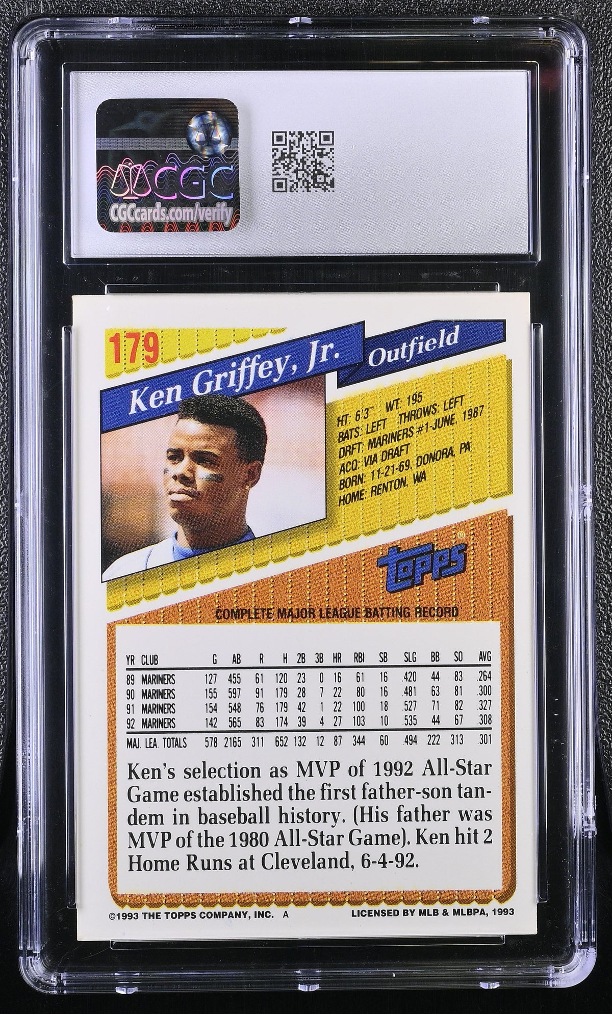1993 Topps Ken Griffey Jr. #179 CGC 9.5 Seattle Mariners