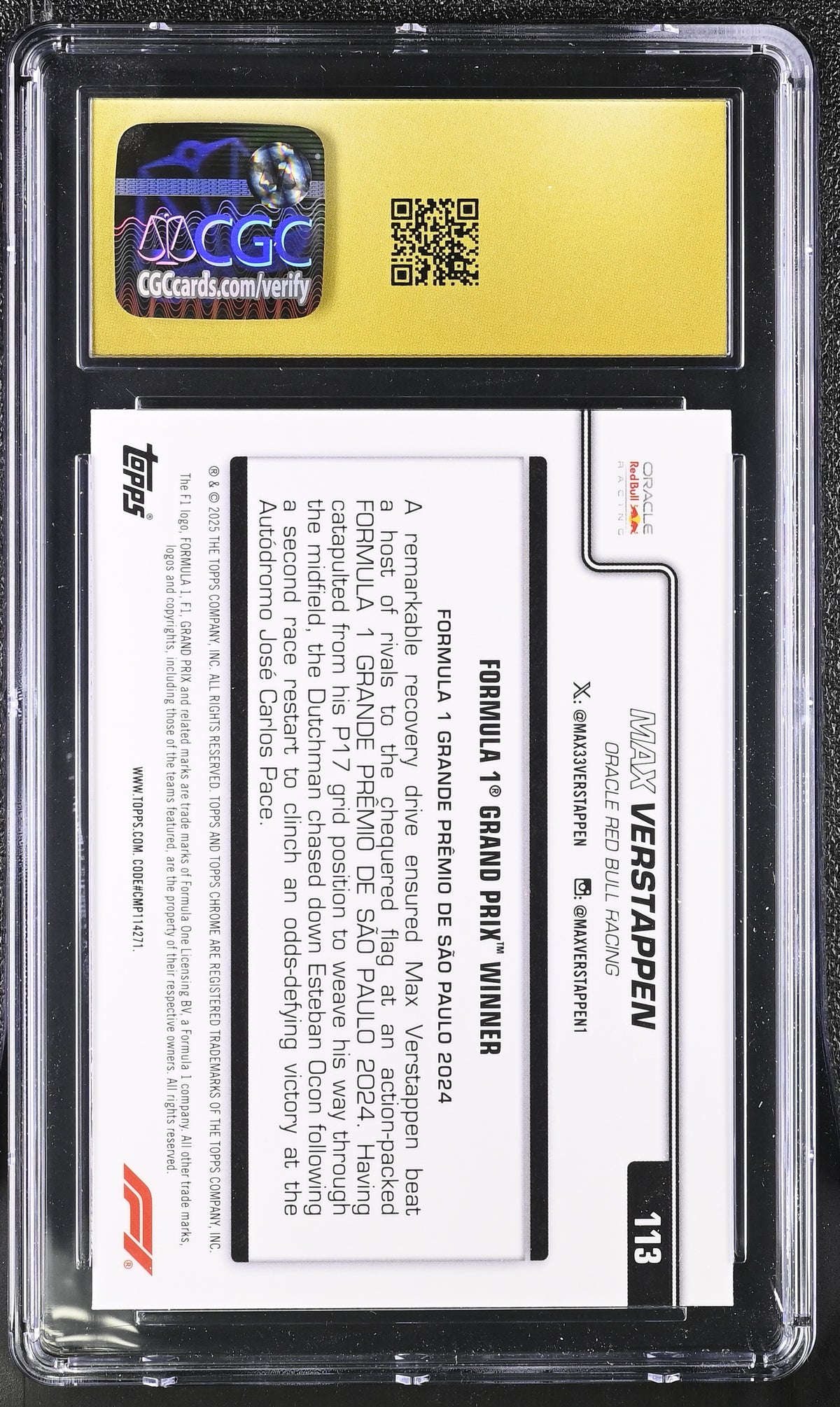 2025 Topps Chrome Formula 1 Max Verstappen Pink /250 #113 CGC 10 Pristine