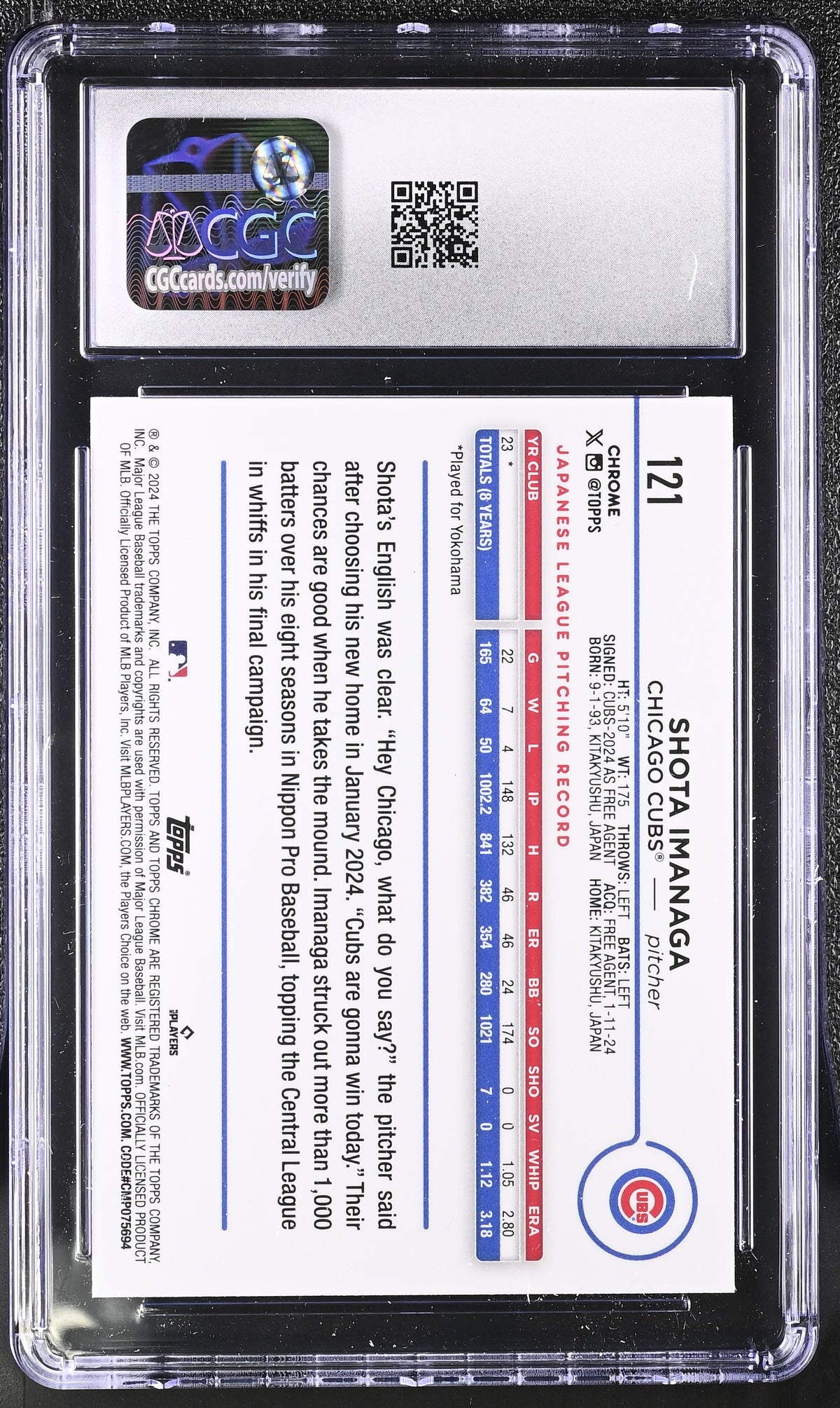 2024 Topps Chrome Shota Imanaga Blue Wave Refractor /76 #121 CGC 9.5 Cubs