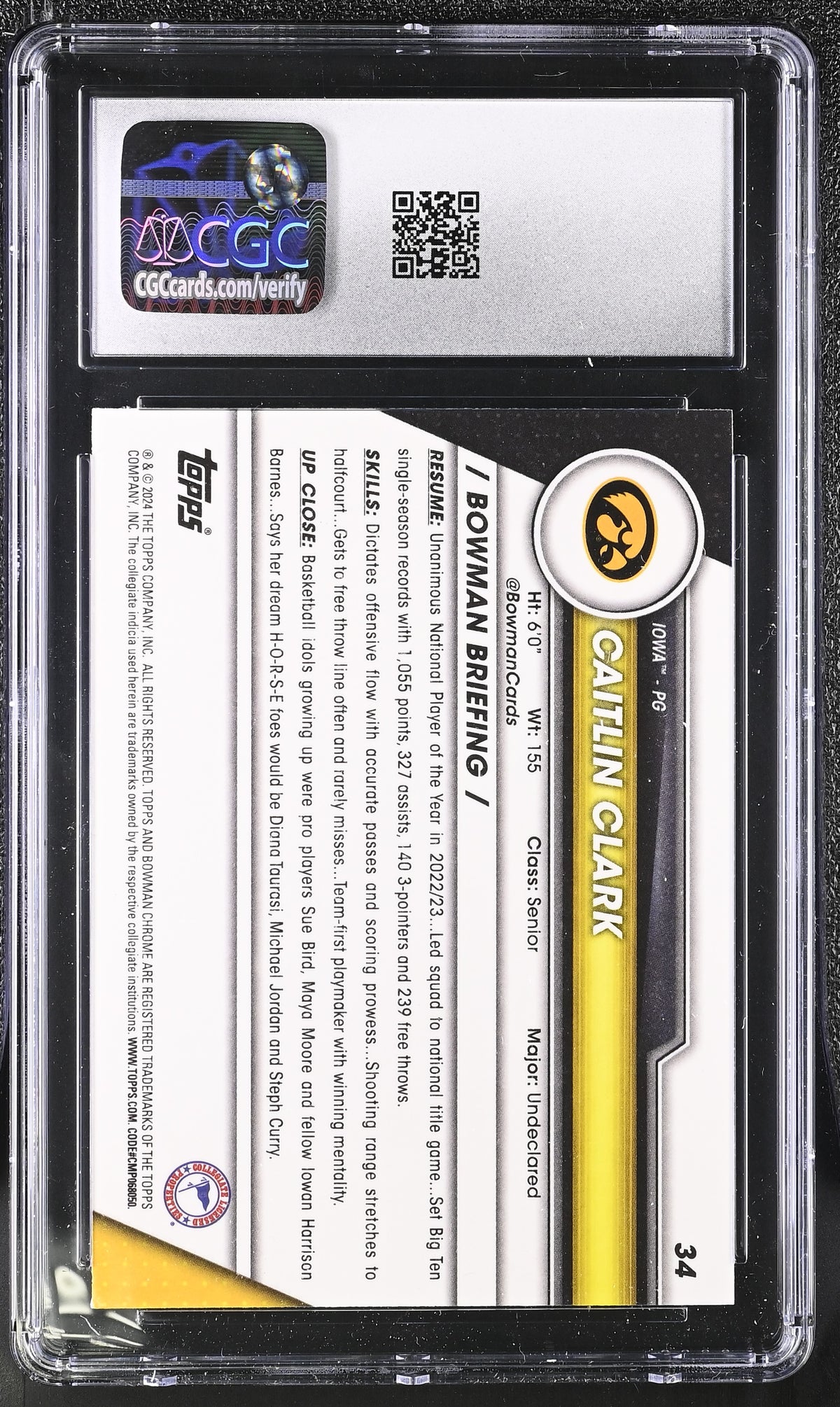 2023 Bowman University Sapphire Caitlin Clark Rookie #34 CGC 9 Iowa Hawkeyes