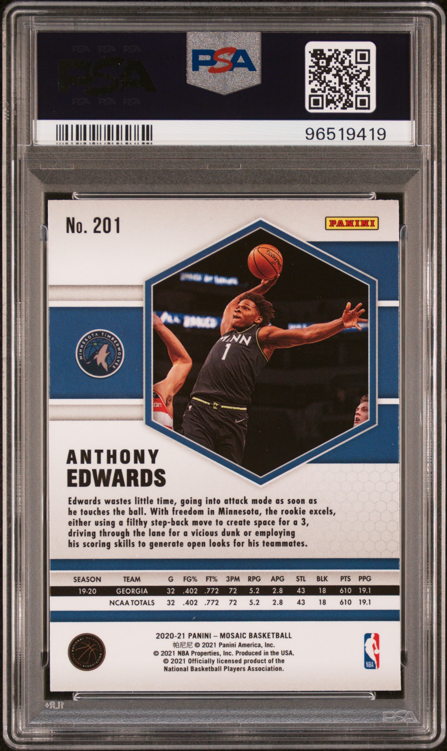 2020 Panini Mosaic Anthony Edwards #201 PSA 6
