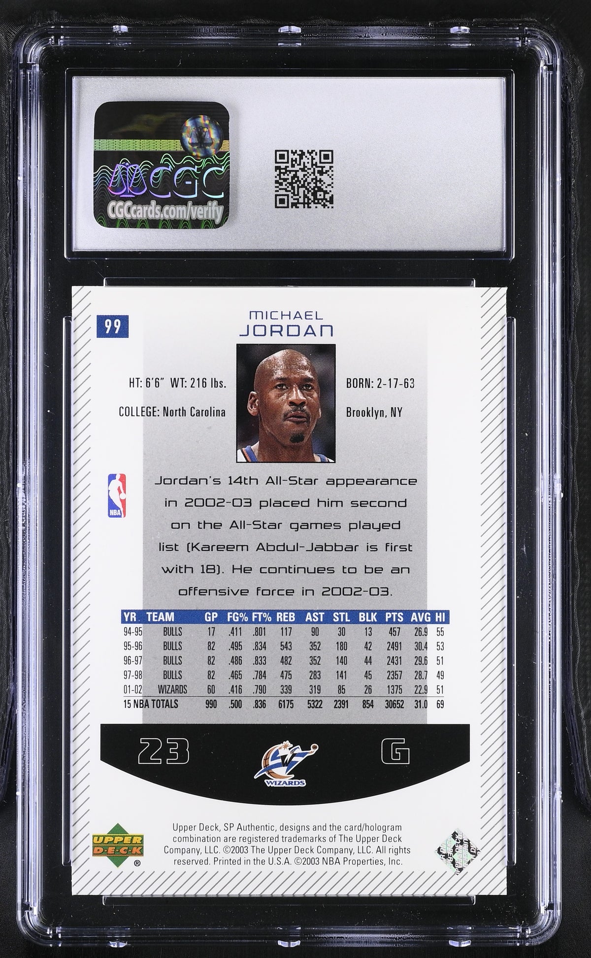 2002-03 SP Authentic Michael Jordan #99 CGC 9 Washington Wizards