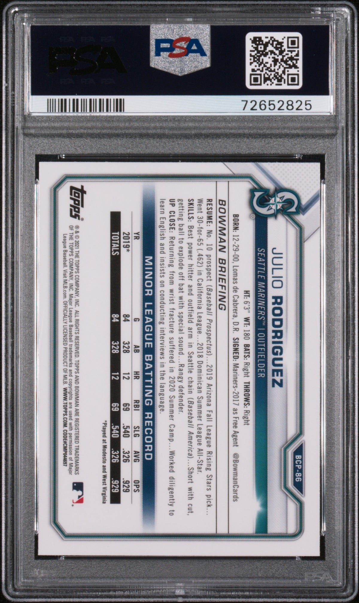 2021 Bowman Mega Box Chrome Julio Rodriguez Rookie #BCP86 PSA 9 Seattle Mariners