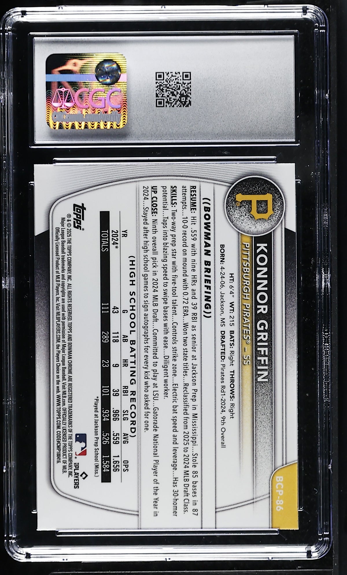 2025 Bowman Konnor Griffin Chrome Prospects #BCP-86 CGC 9.5