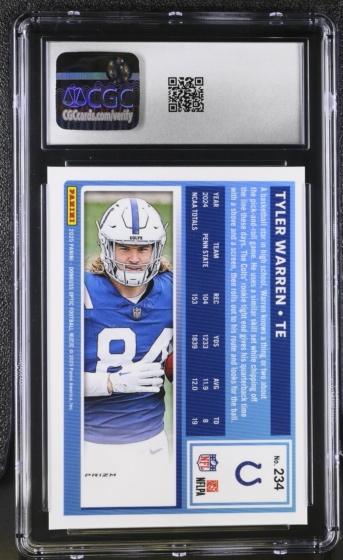 2025 Donruss Optic Tyler Warren Blue Hyper Rookie #234 CGC 9.5 Colts