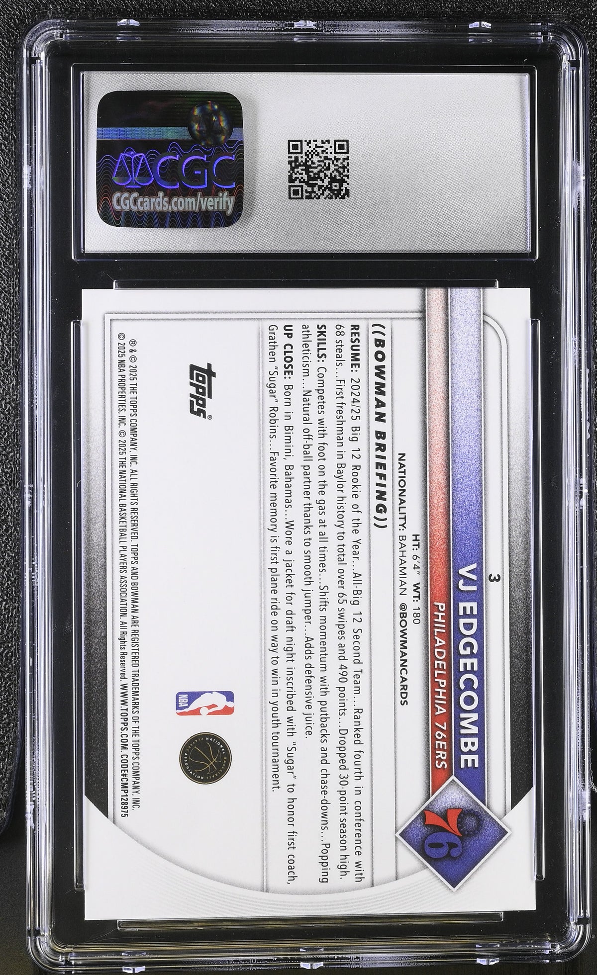 2025-26 Bowman VJ Edgecombe Rookie #3 CGC 9.5 Philadelphia 76ers