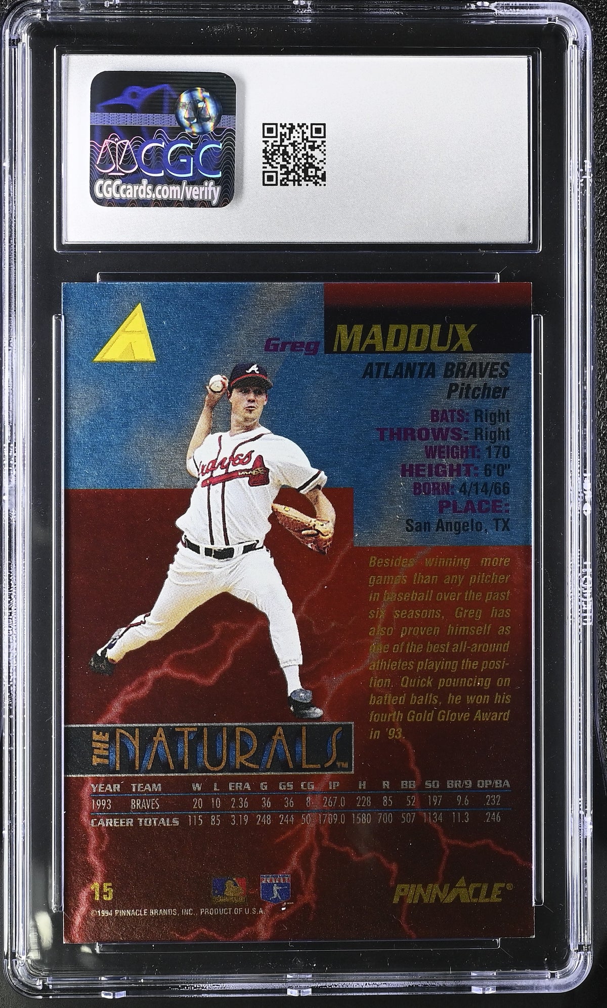 1994 Pinnacle Greg Maddux The Naturals #15 CGC 9 Atlanta Braves