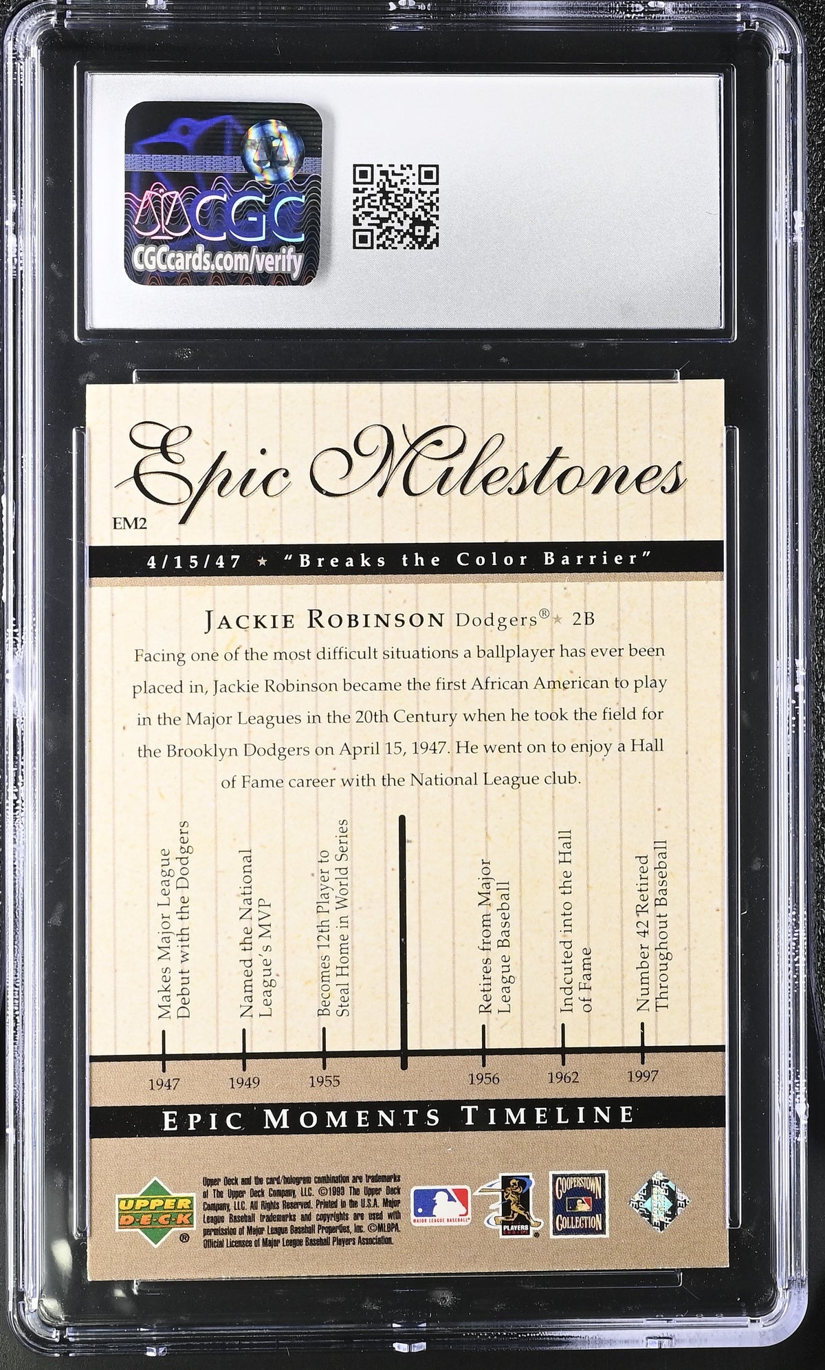 1999 Upper Deck Century Legends Jackie Robinson Epic Milestones #EM2 CGC 10