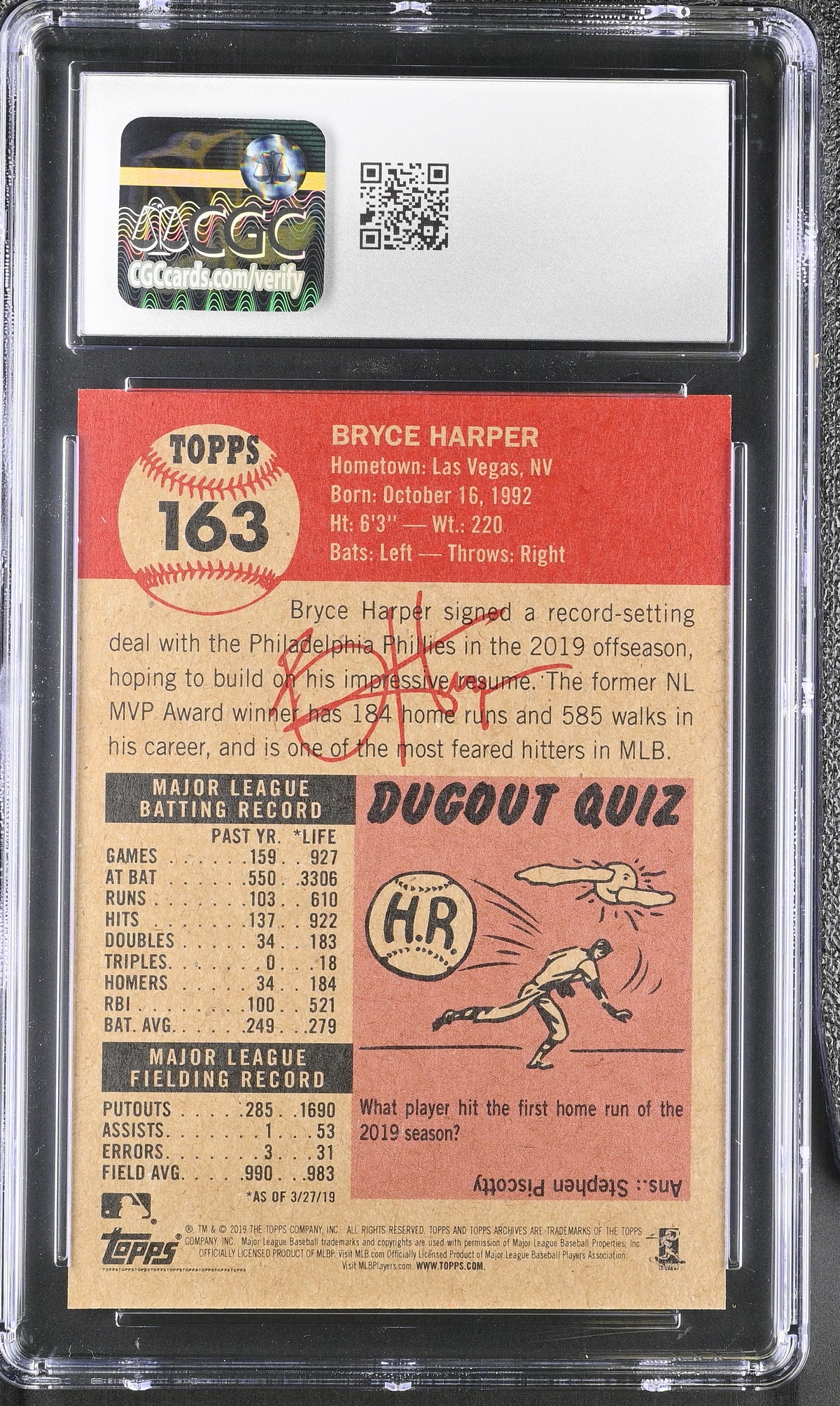 2019 Topps Living Set Bryce Harper #163 CGC 10 Philadelphia Phillies