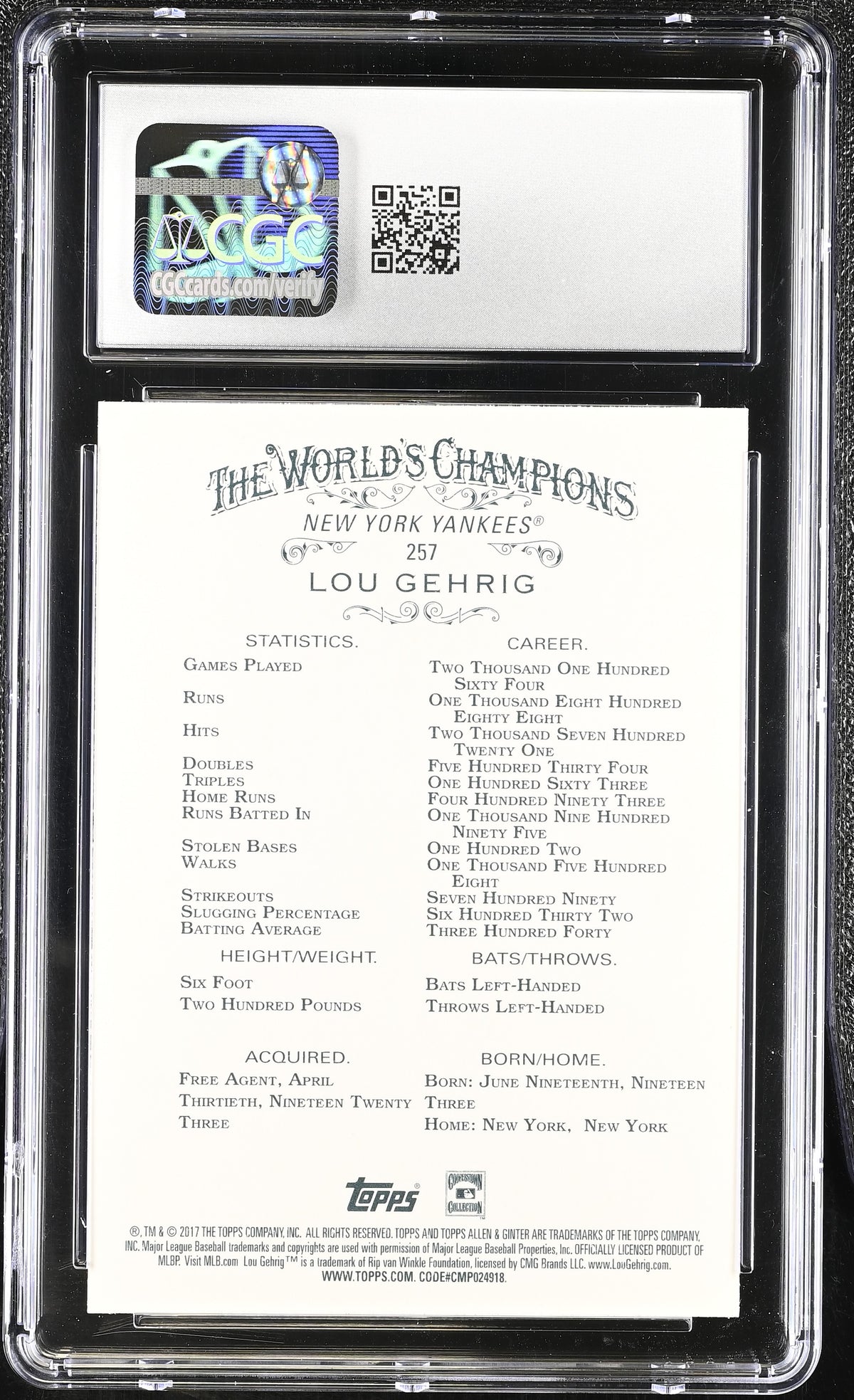 2017 Topps Allen & Ginter Lou Gehrig Hot Box Foil #257 CGC 10 New York Yankees