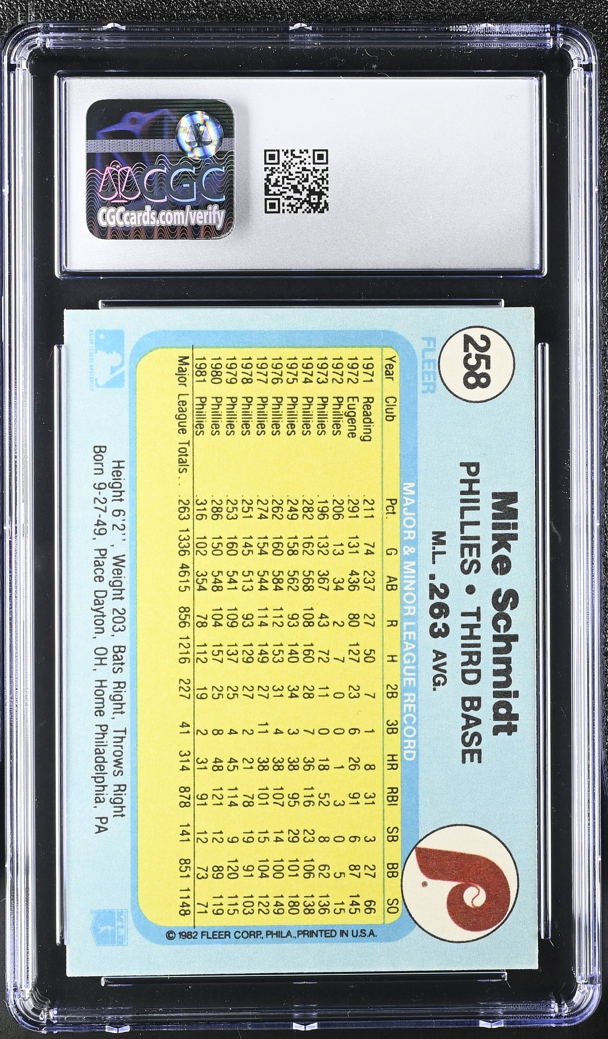 1982 Fleer Mike Schmidt #258 CGC 9 Philadelphia Phillies