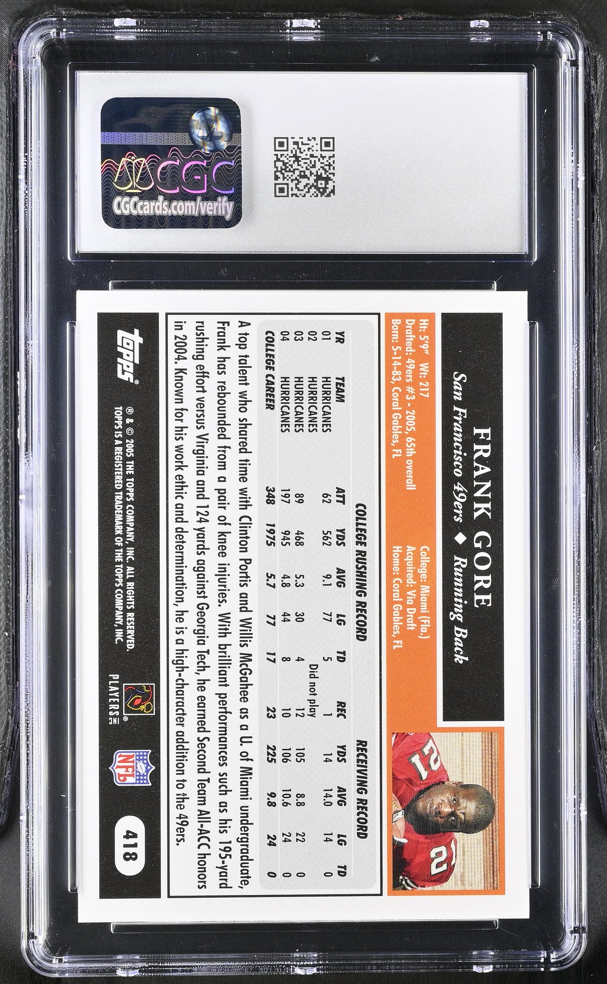 2005 Topps Frank Gore Rookie #418 CGC 10 San Francisco 49ers