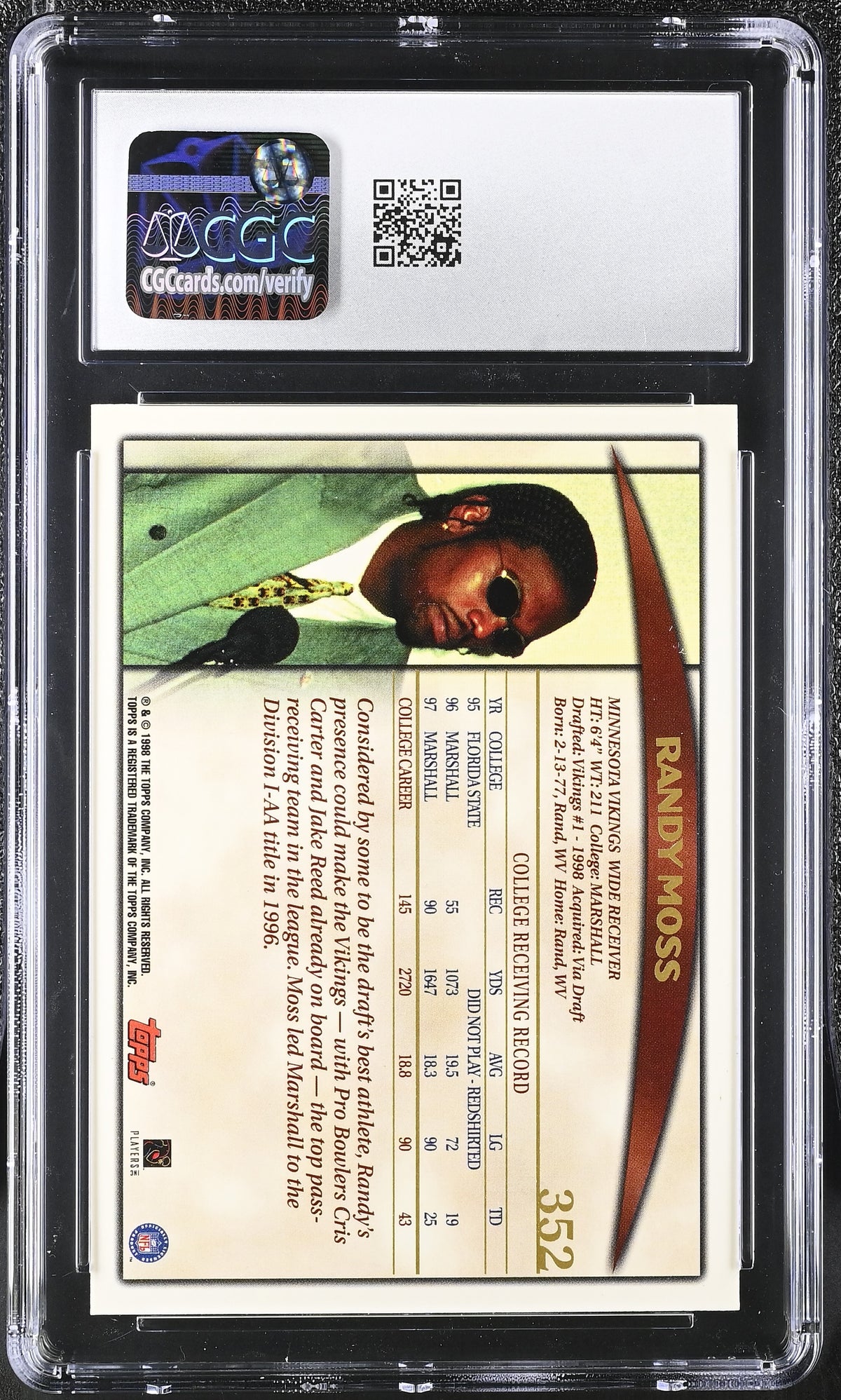 1998 Topps Randy Moss Rookie #352 CGC 9 Minnesota Vikings