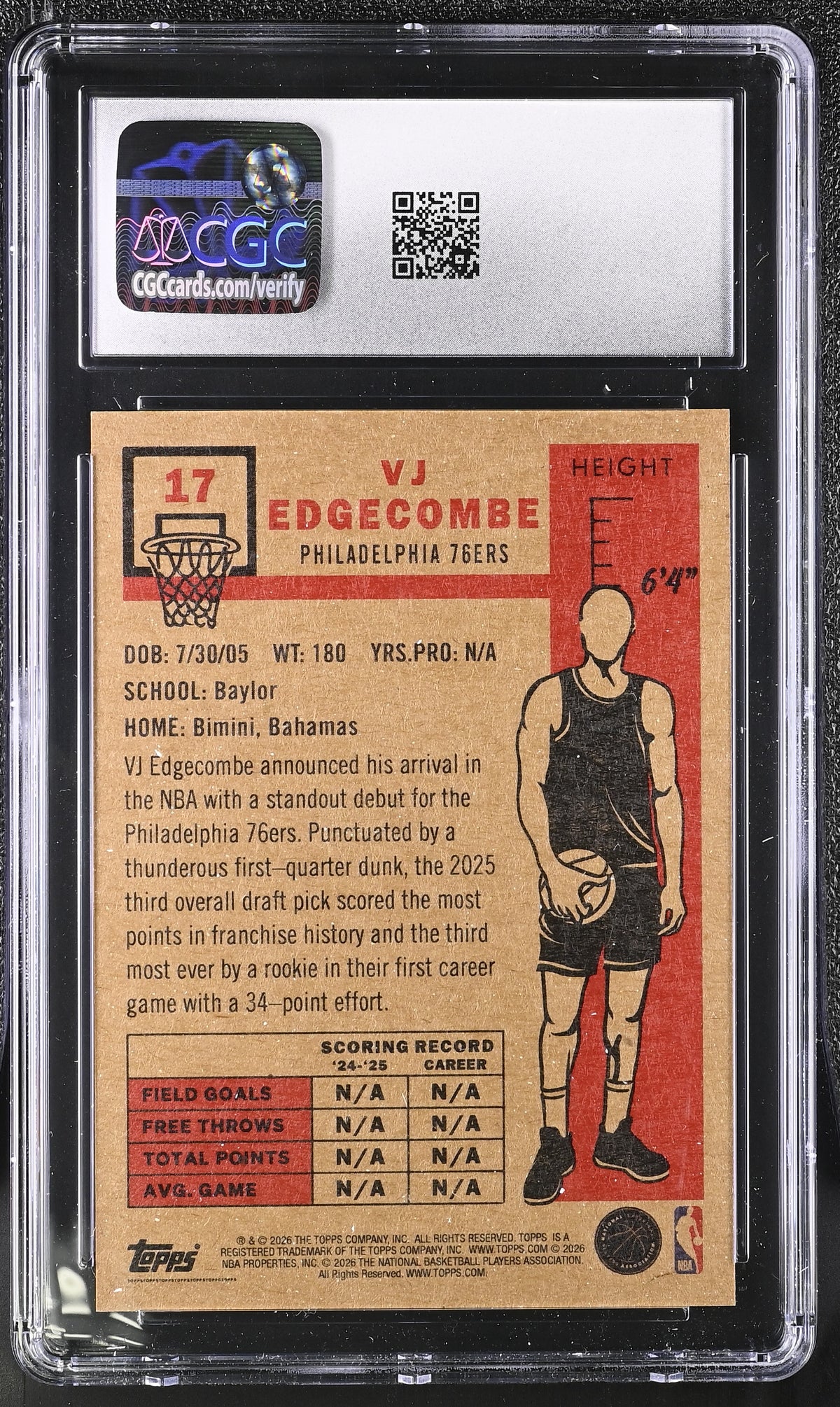 2025-26 Topps Living Set VJ Edgecombe Rookie #17 CGC 9 Philadelphia 76ers