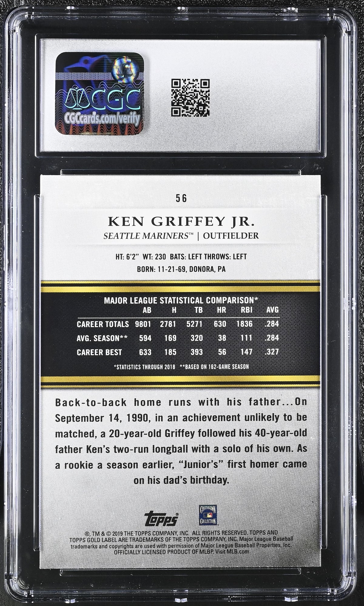 2019 Topps Gold Label Ken Griffey Jr. Black Class 1 #56 CGC 9.5 Seattle Mariners