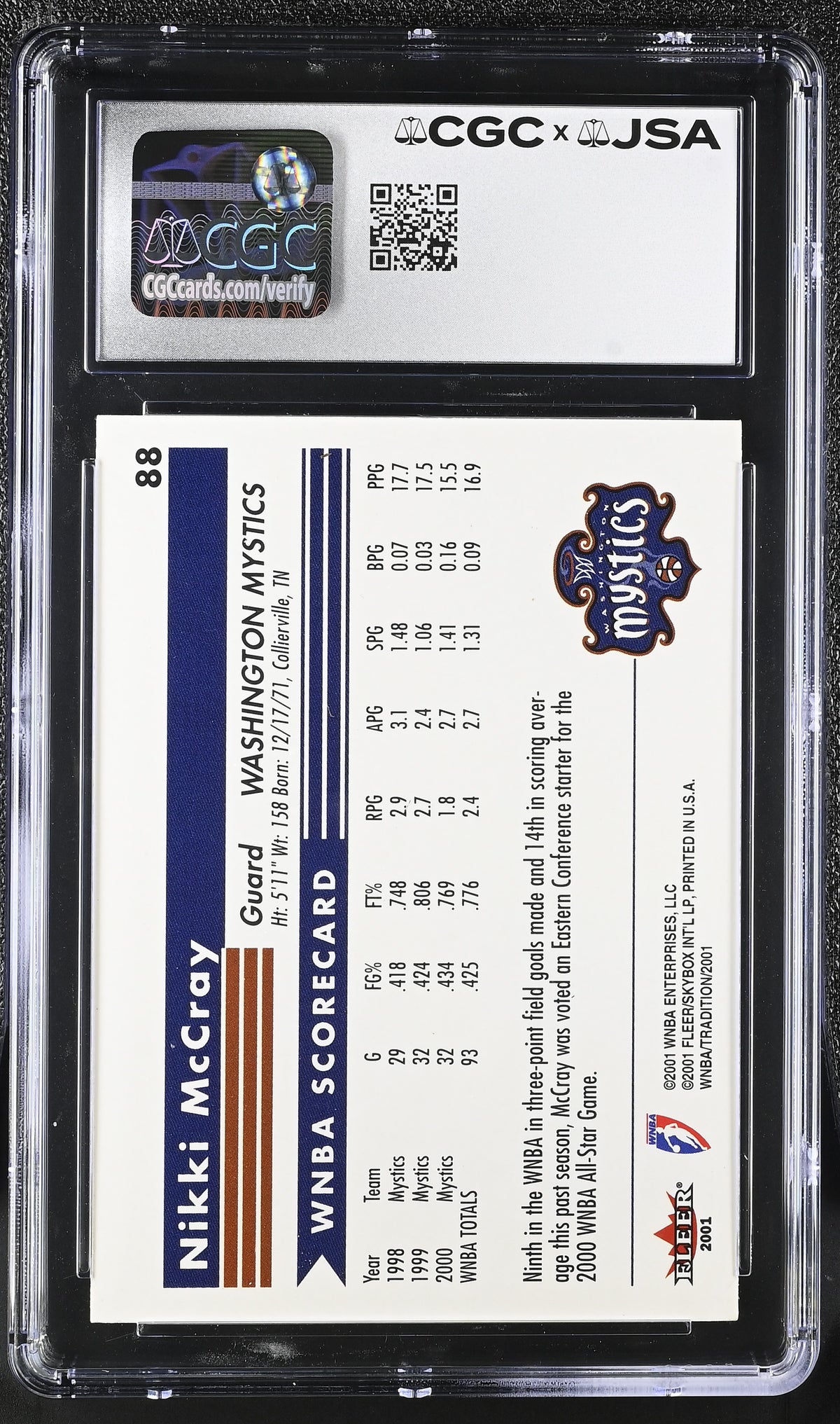 2001 Fleer Tradition WNBA Nikki McCray Auto Autograph #88 CGC 8 JSA Mystics