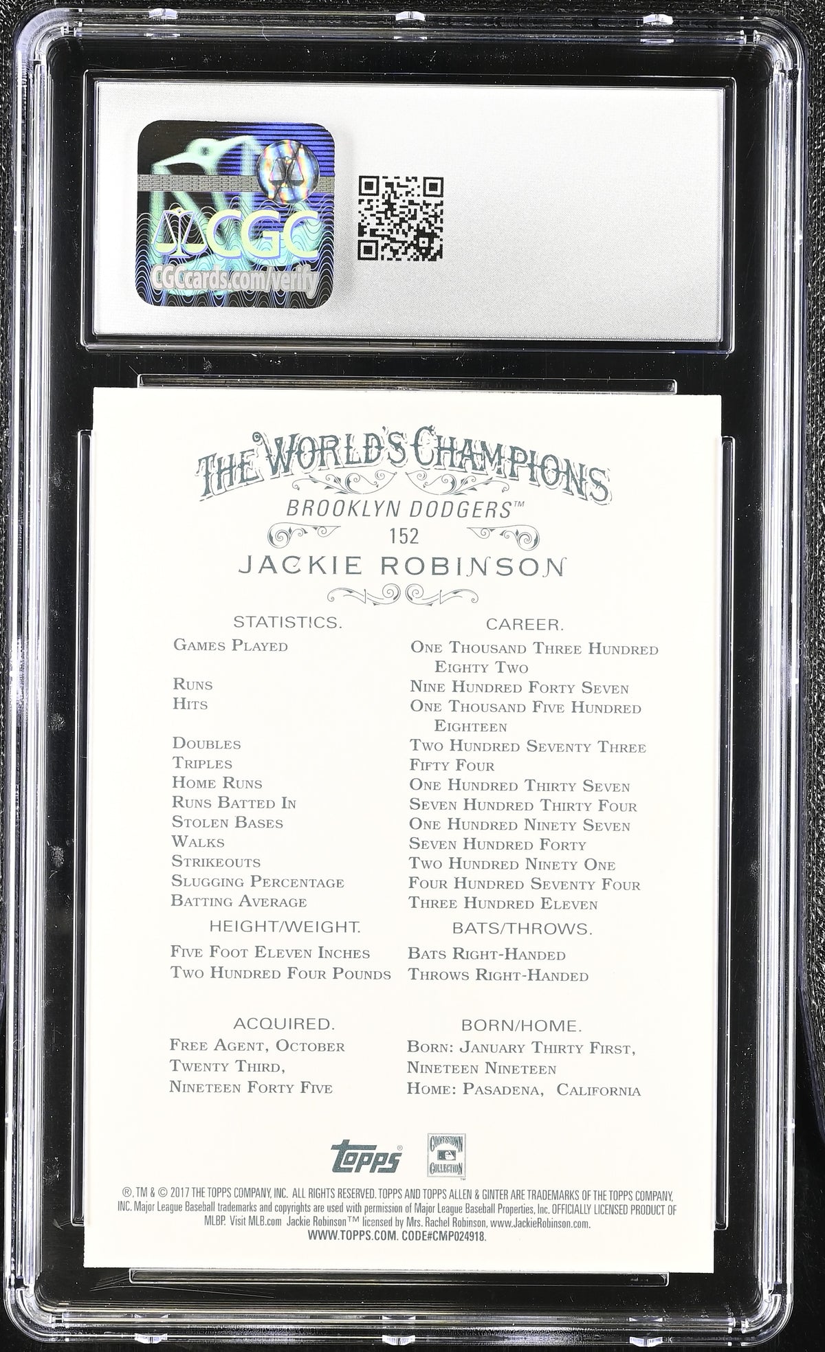 2017 Topps Allen & Ginter Jackie Robinson Hot Box Foil #152 CGC 10 Dodgers