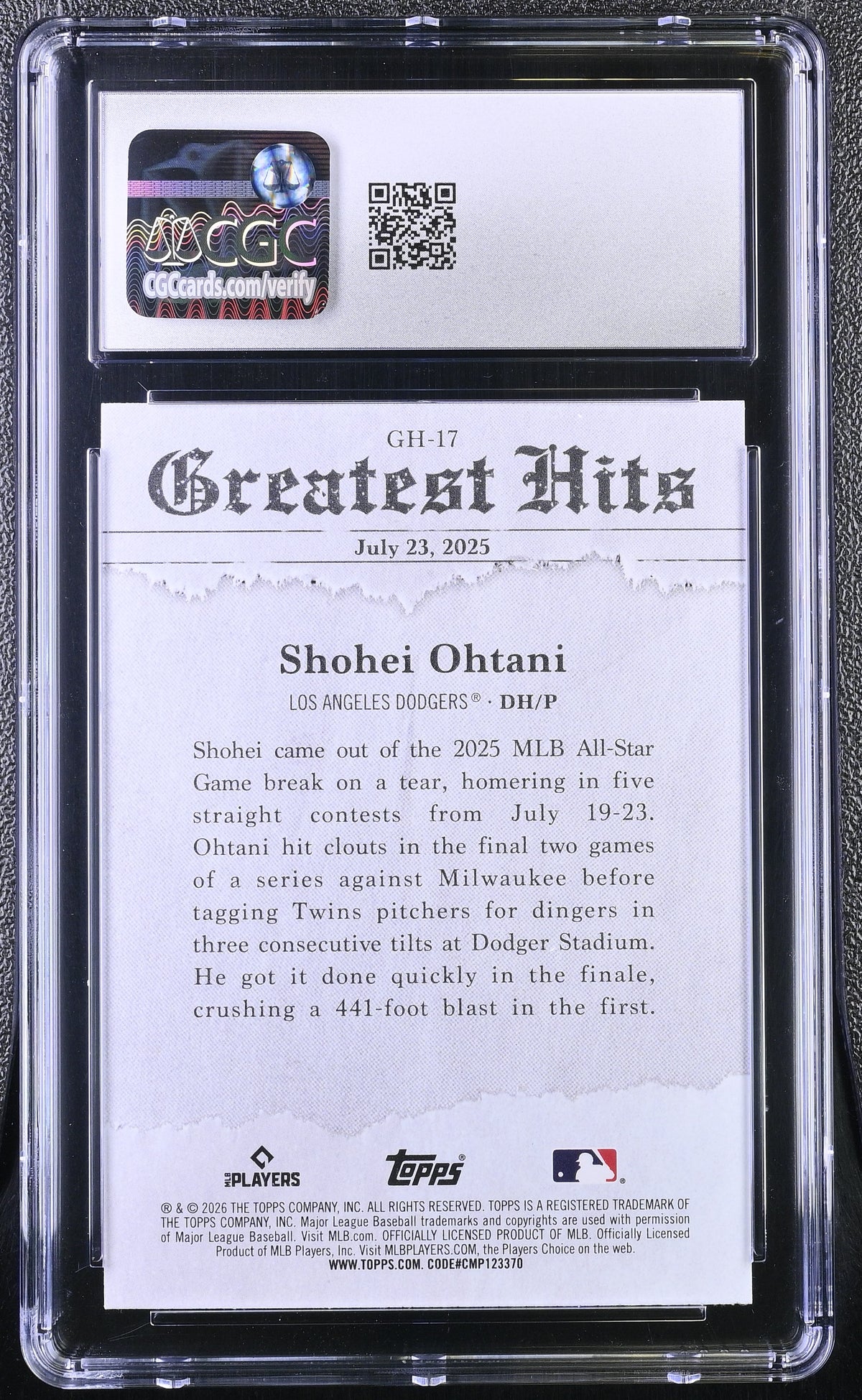 2026 Topps Shohei Ohtani Greatest Hits #GH-17 CGC 8.5 Los Angeles Dodgers