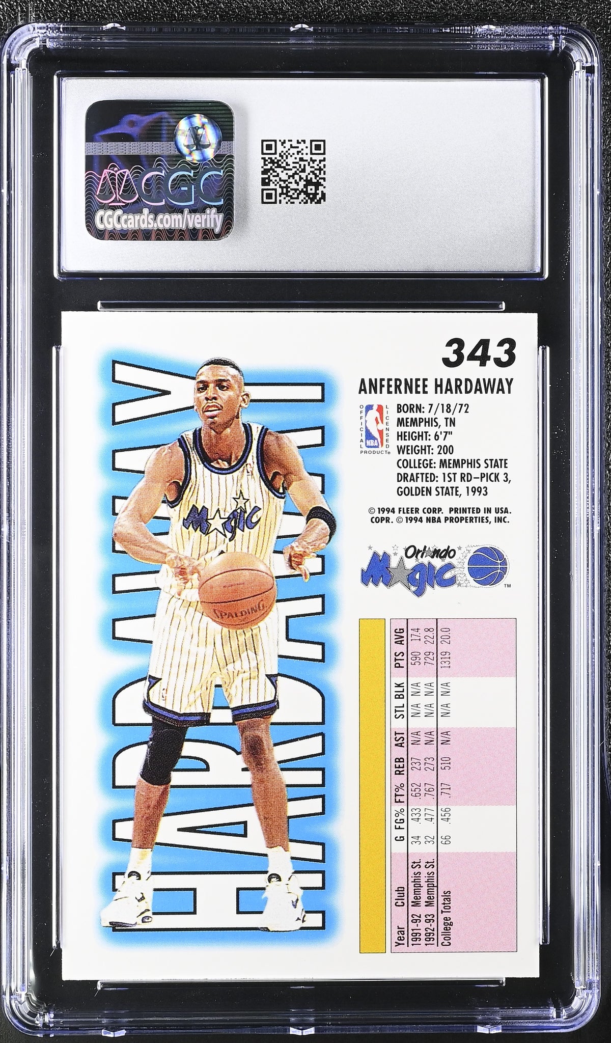 1993-94 Fleer Anfernee Hardaway Rookie #343 CGC 9.5 Orlando Magic