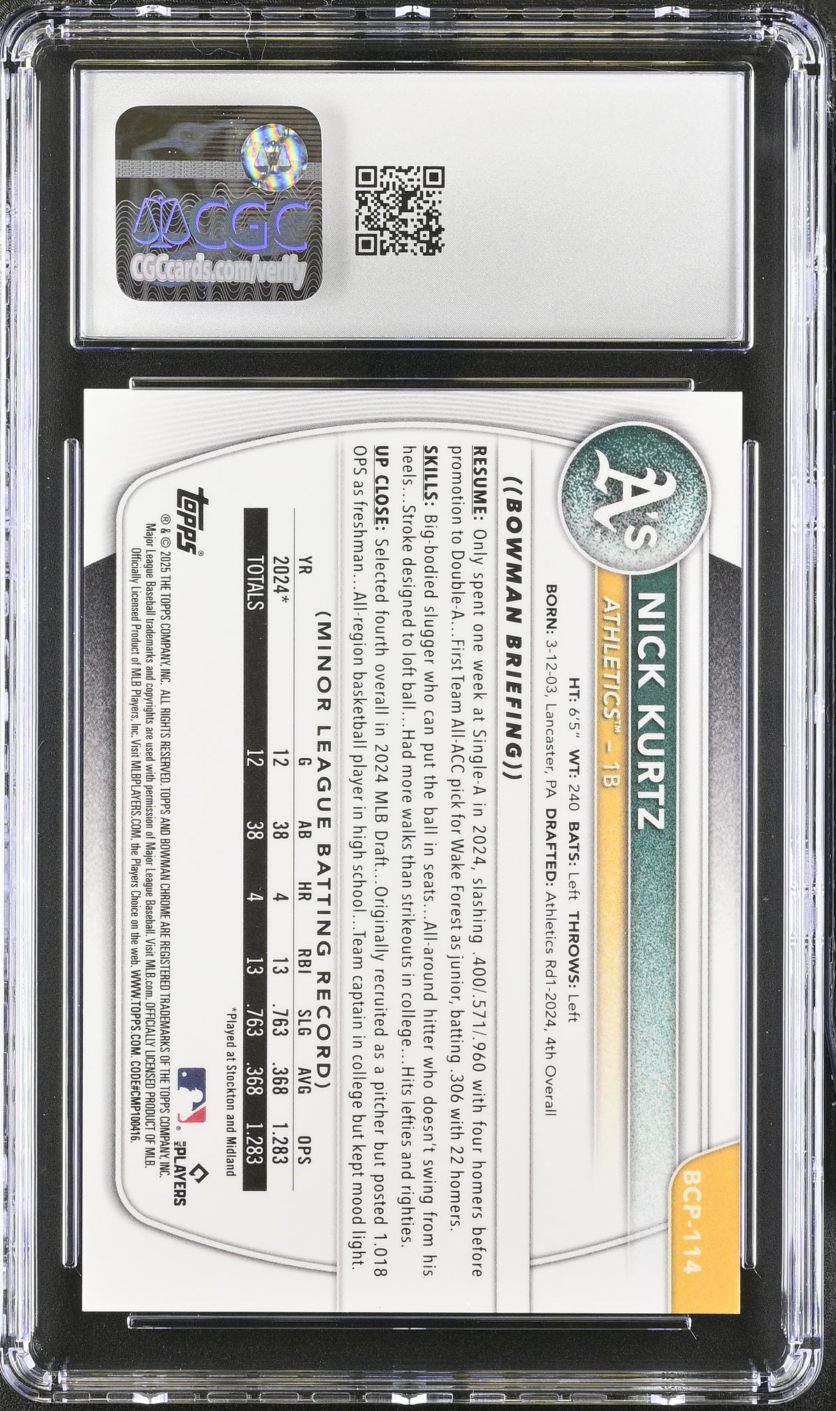 2025 Bowman Nick Kurtz Steel Metal /100 Rookie Chrome Prospects #BCP-114 CGC 10