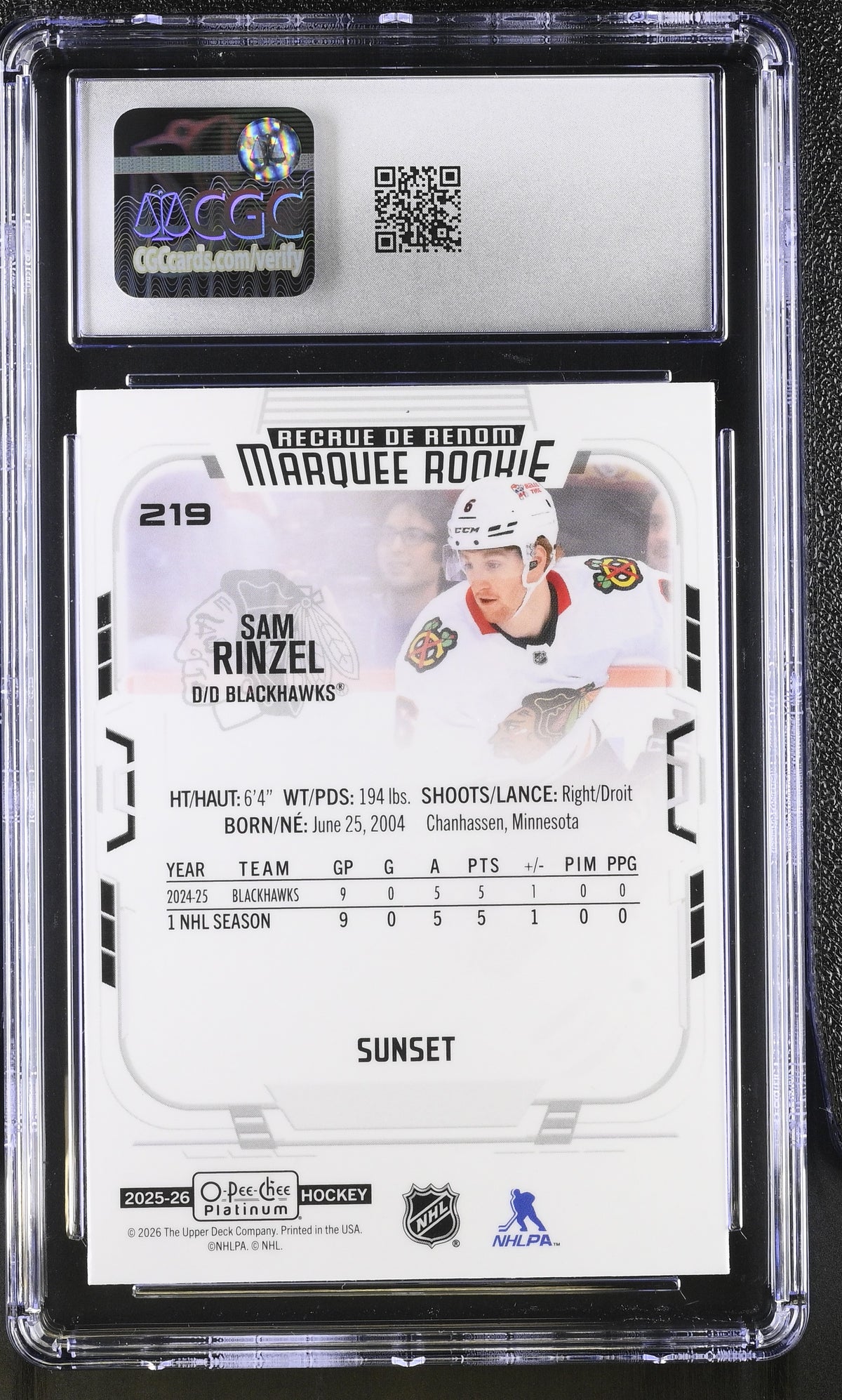 2025-26 O-Pee-Chee Platinum Sam Rinzel Sunset Rookie #219 CGC 10 Blackhawks