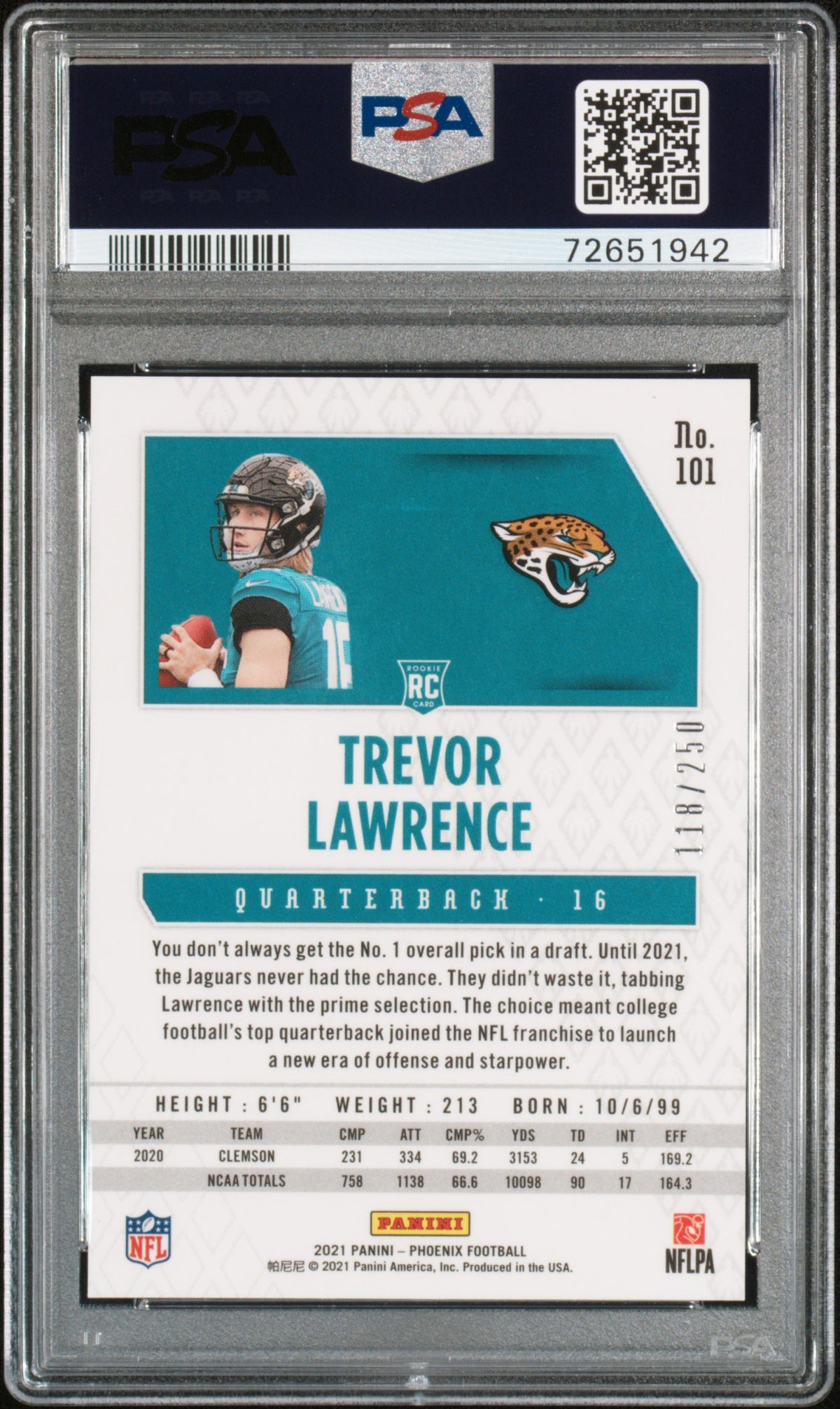 2021 Panini Phoenix Trevor Lawrence Red /250 Rookie #101 PSA 9 Jaguars
