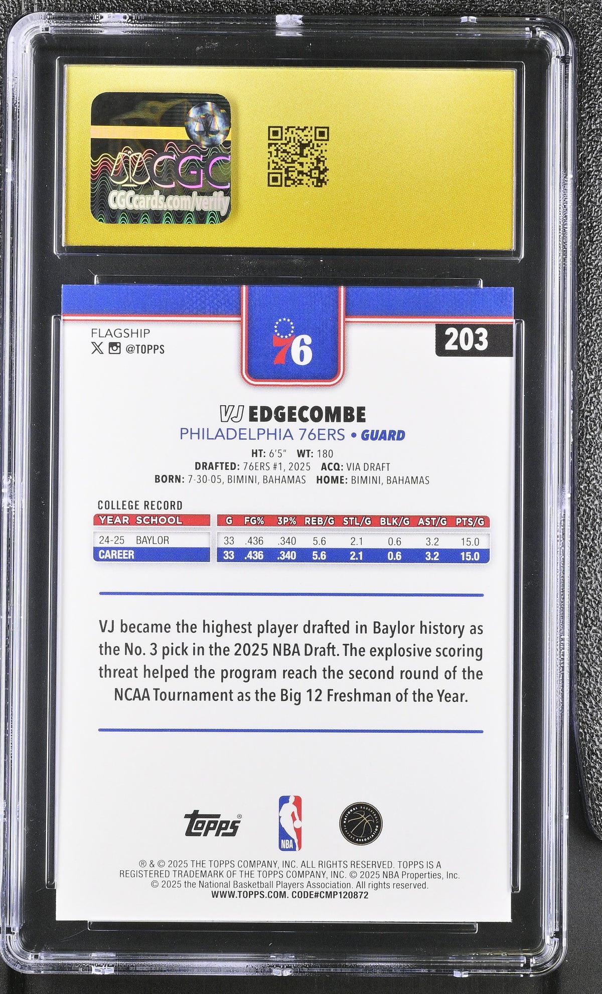 2025-26 Topps VJ Edgecombe Rookie #203 CGC 10 Philadelphia 76ers