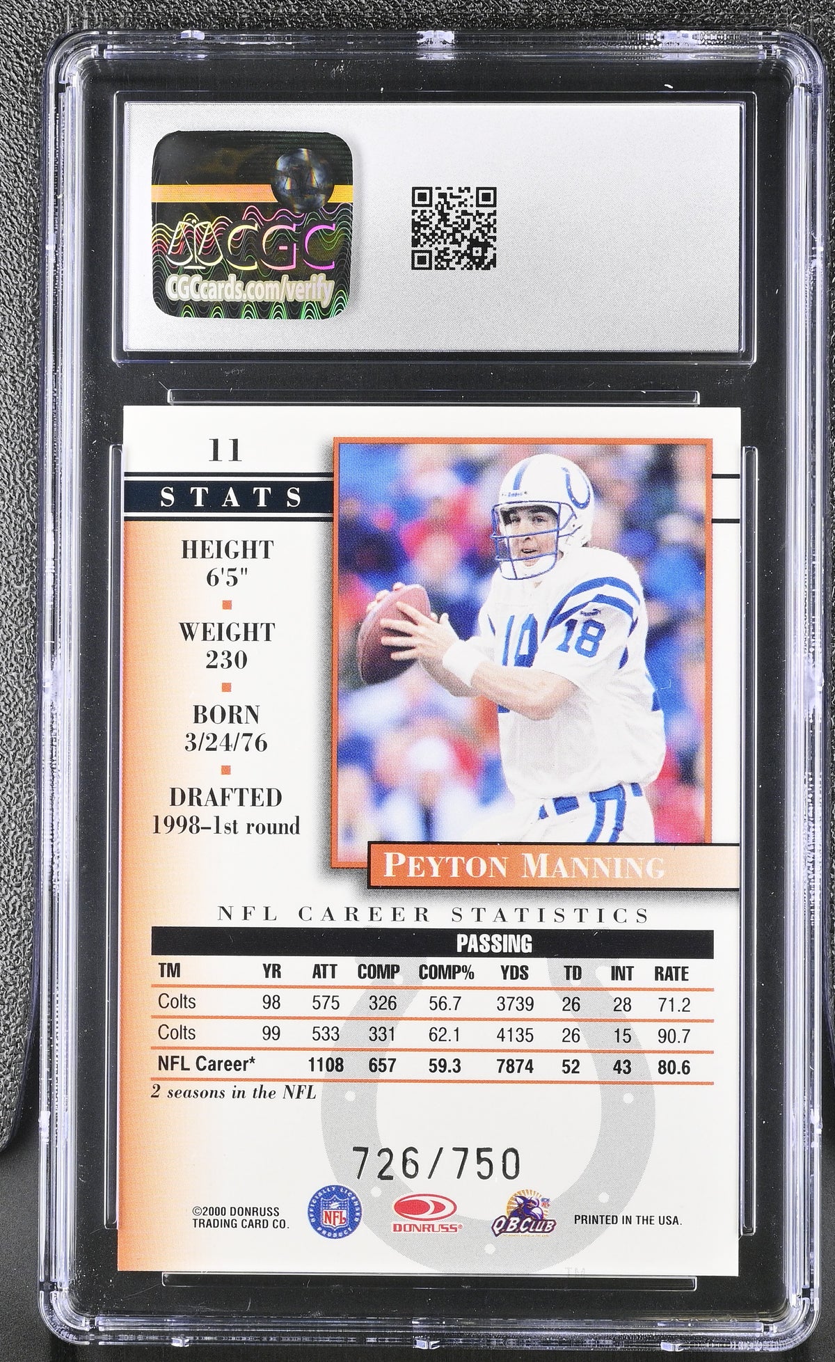 2000 Donruss Preferred Peyton Manning Power /750 Professional Profile #11 CGC 10