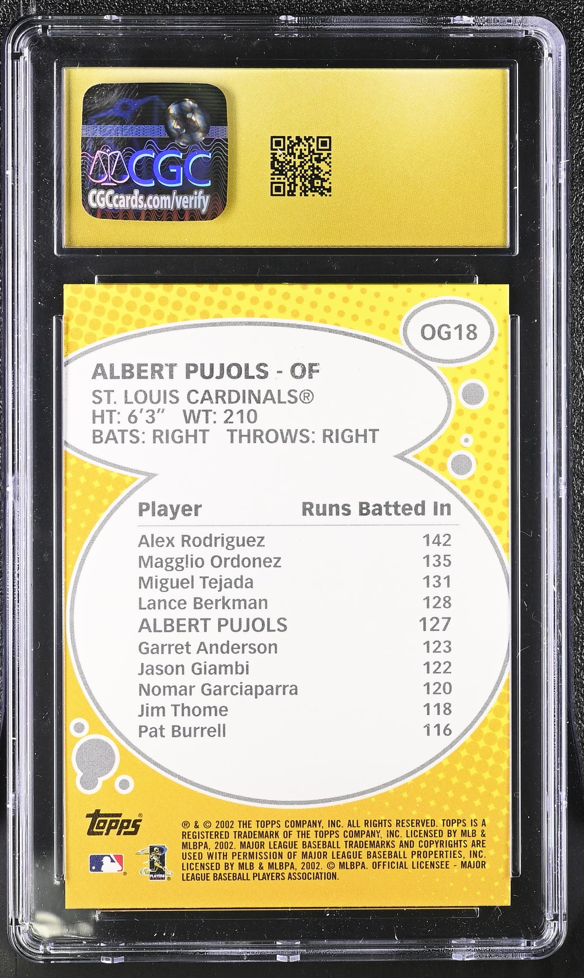 2003 Topps Albert Pujols Own The Game #OG18 CGC Pristine 10