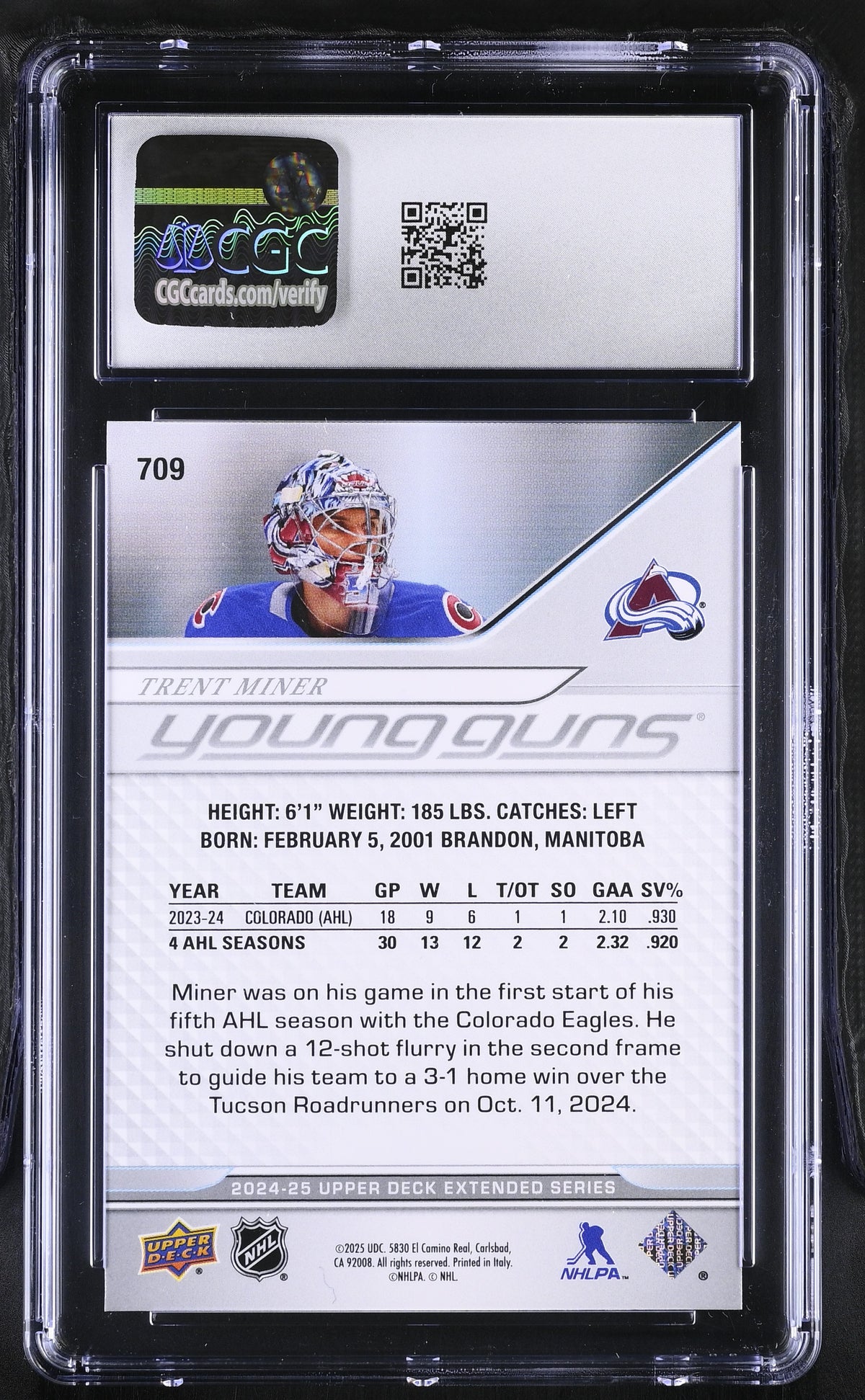 2024-25 Upper Deck Extended Trent Miner Young Guns Rookie #709 CGC 10 Avalanche