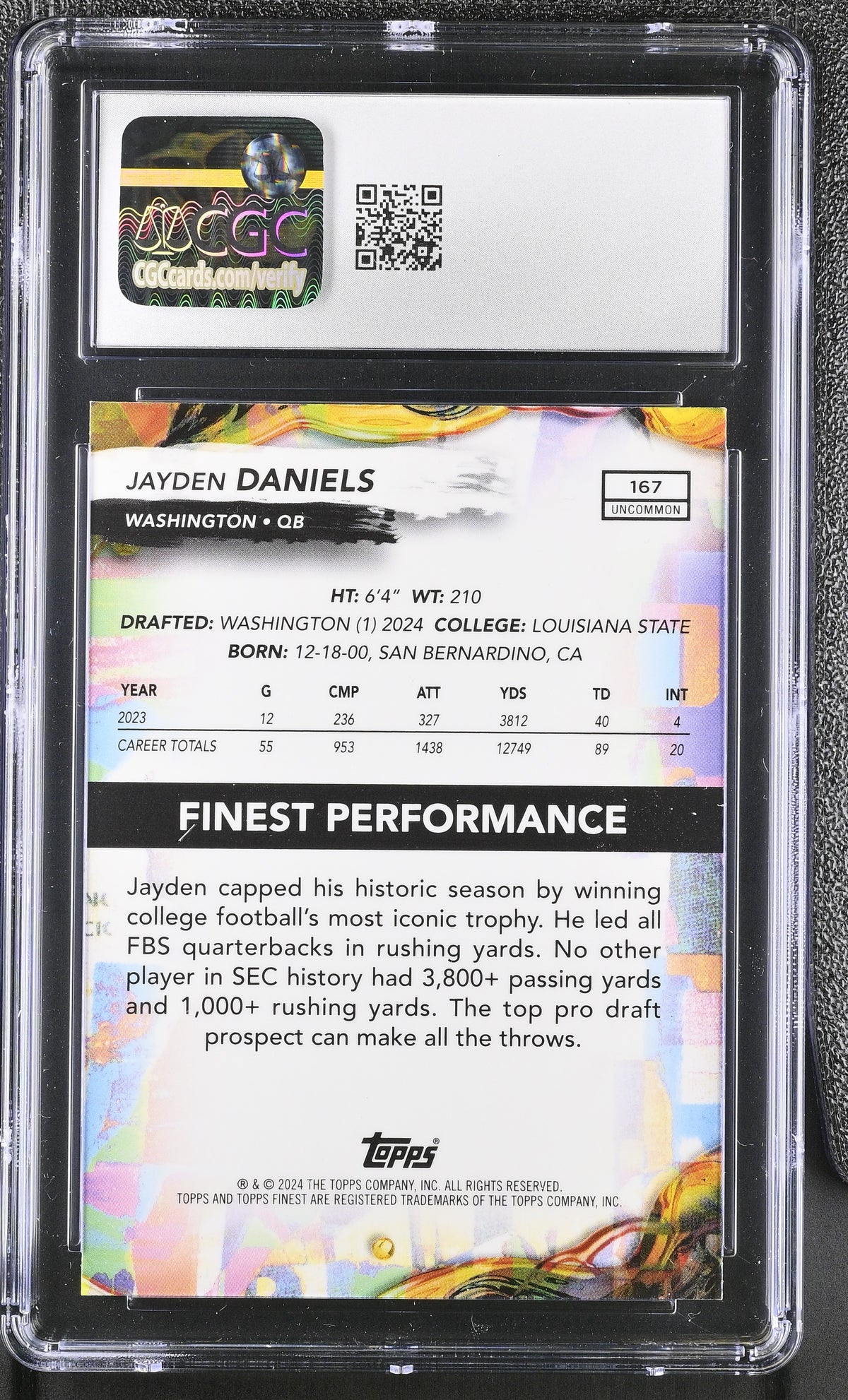 2024 Topps Finest Jayden Daniels Rookie #167 CGC 10 Washington Commanders