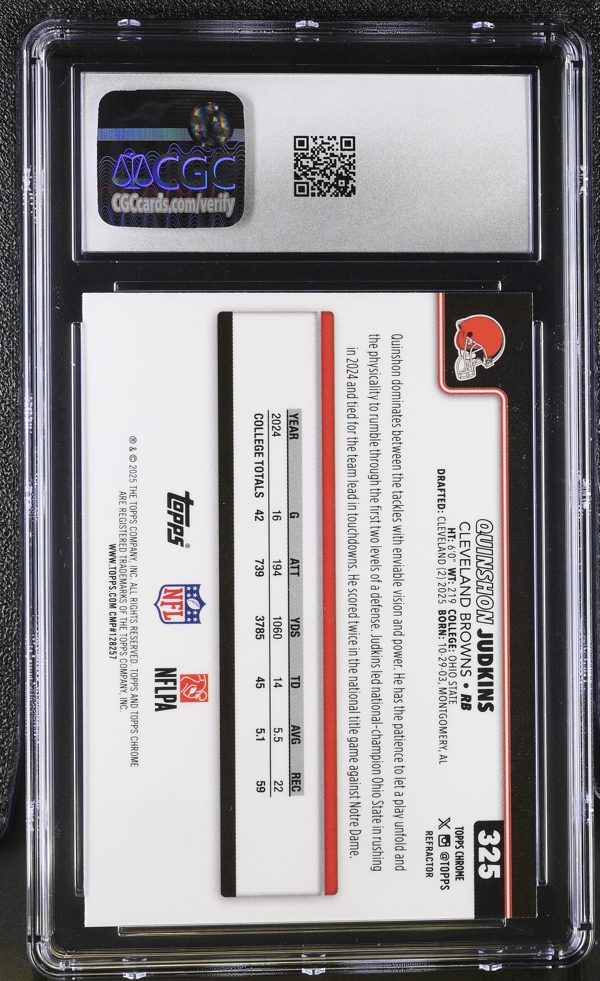 2025 Topps Chrome Quinshon Judkins Refractor Rookie #325 CGC 9.5 Browns