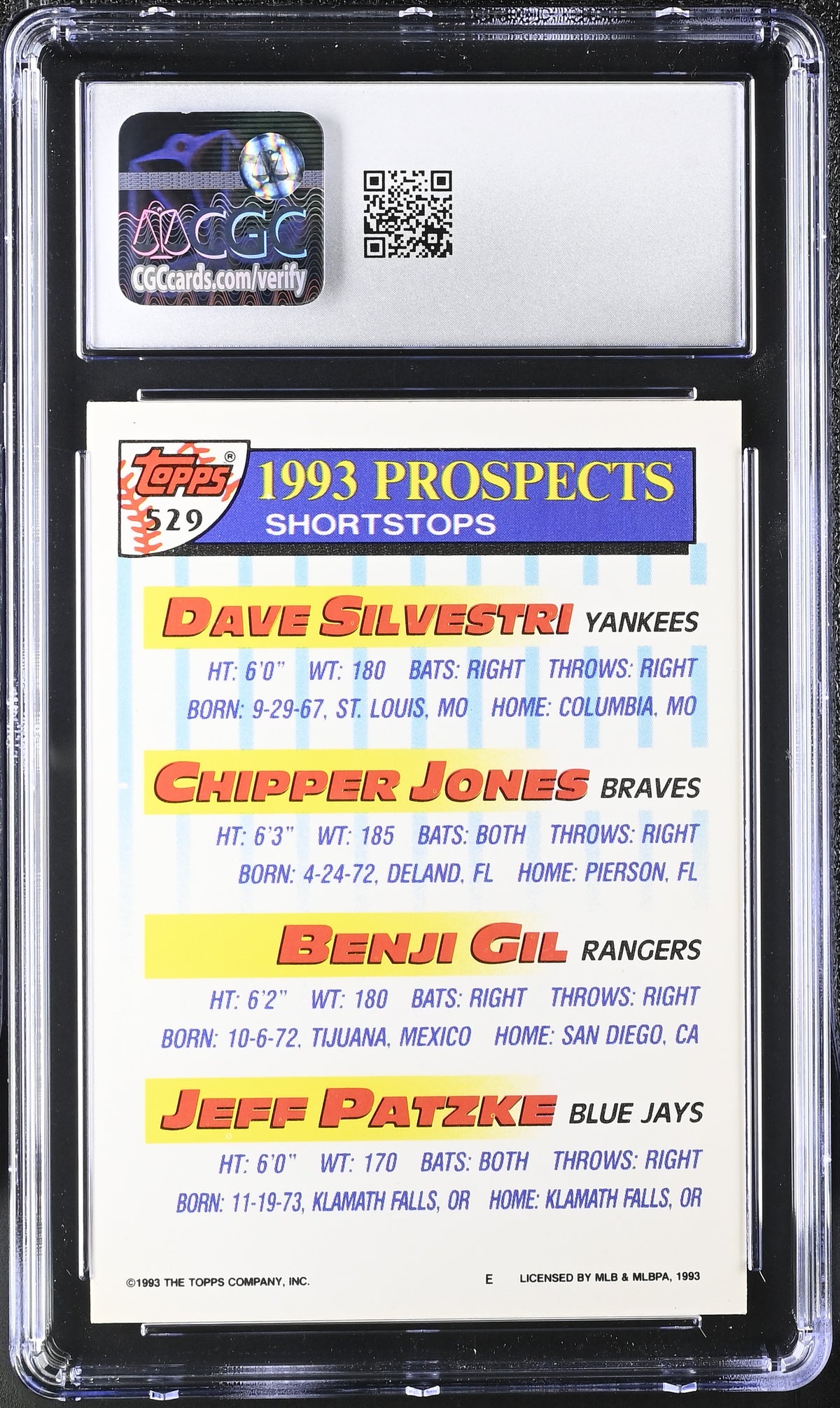 1993 Topps Top Shortstop Prospects Silvestri/Jones/Gil/Patzke #529 CGC 9.5