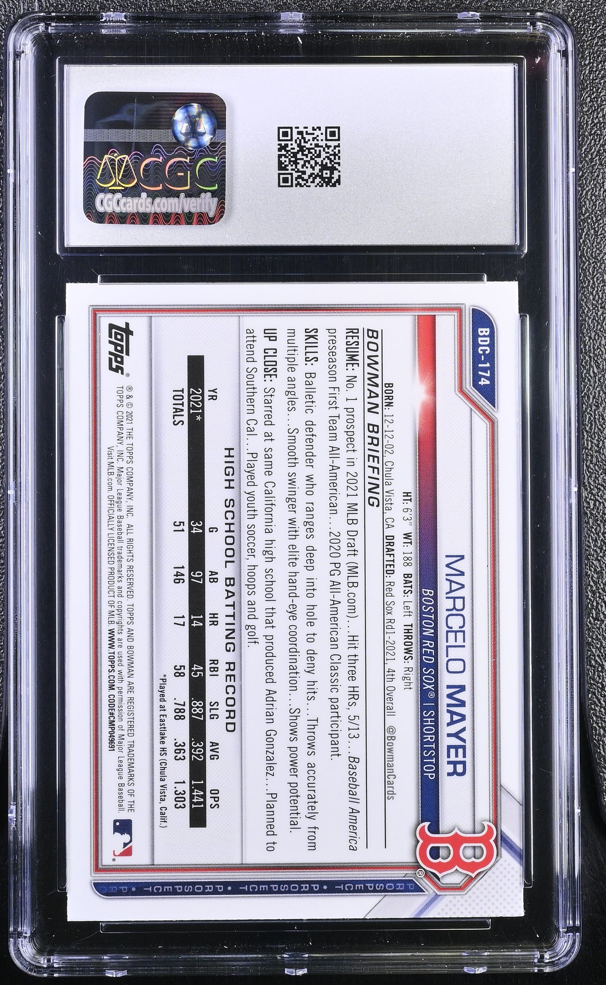 2021 Bowman Draft Sapphire Marcelo Mayer Rookie #BDC-174 CGC 10 Boston Red Sox