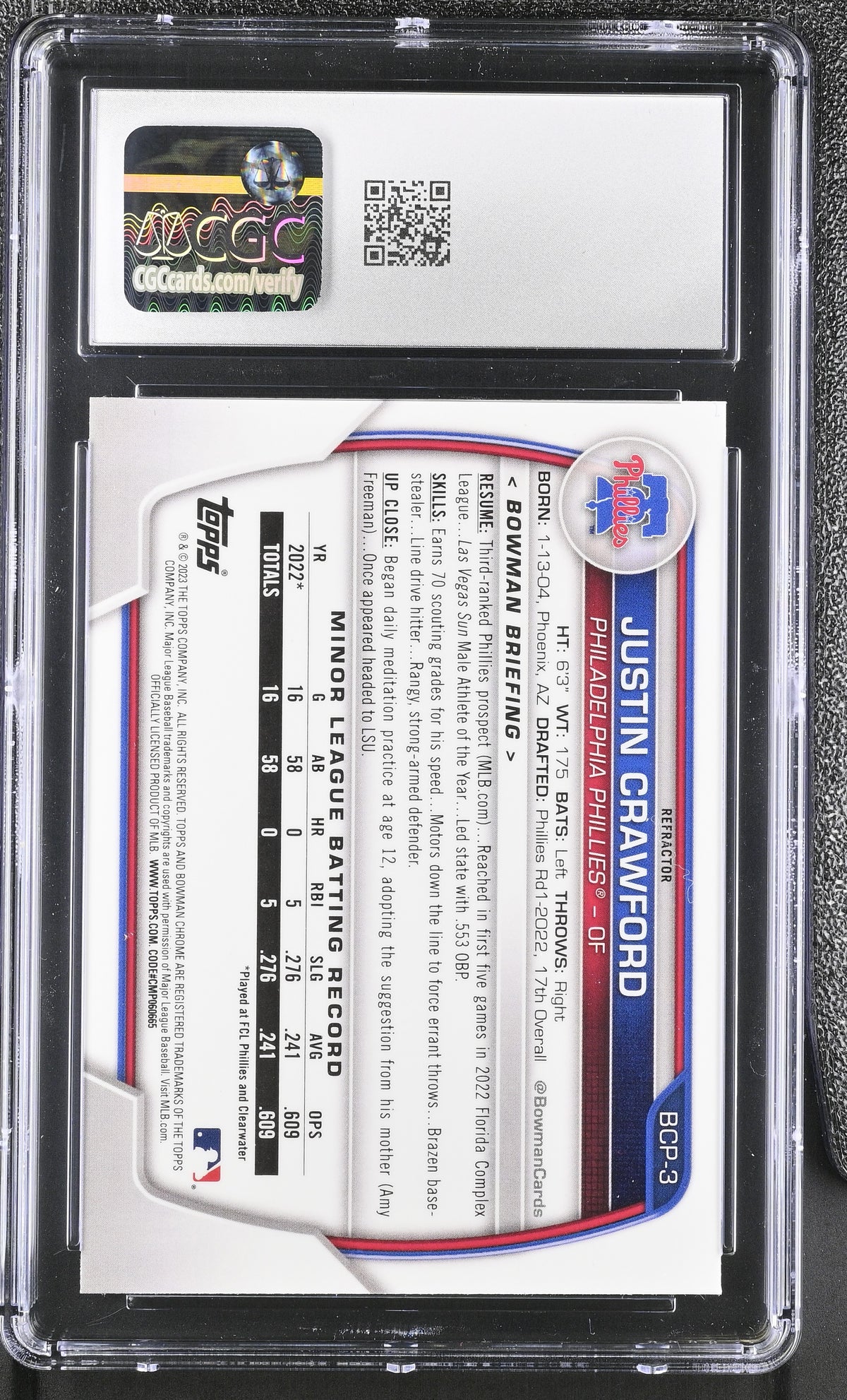 2023 Bowman Justin Crawford Lunar Glow Rookie Chrome #BCP-3 CGC 10 Phillies
