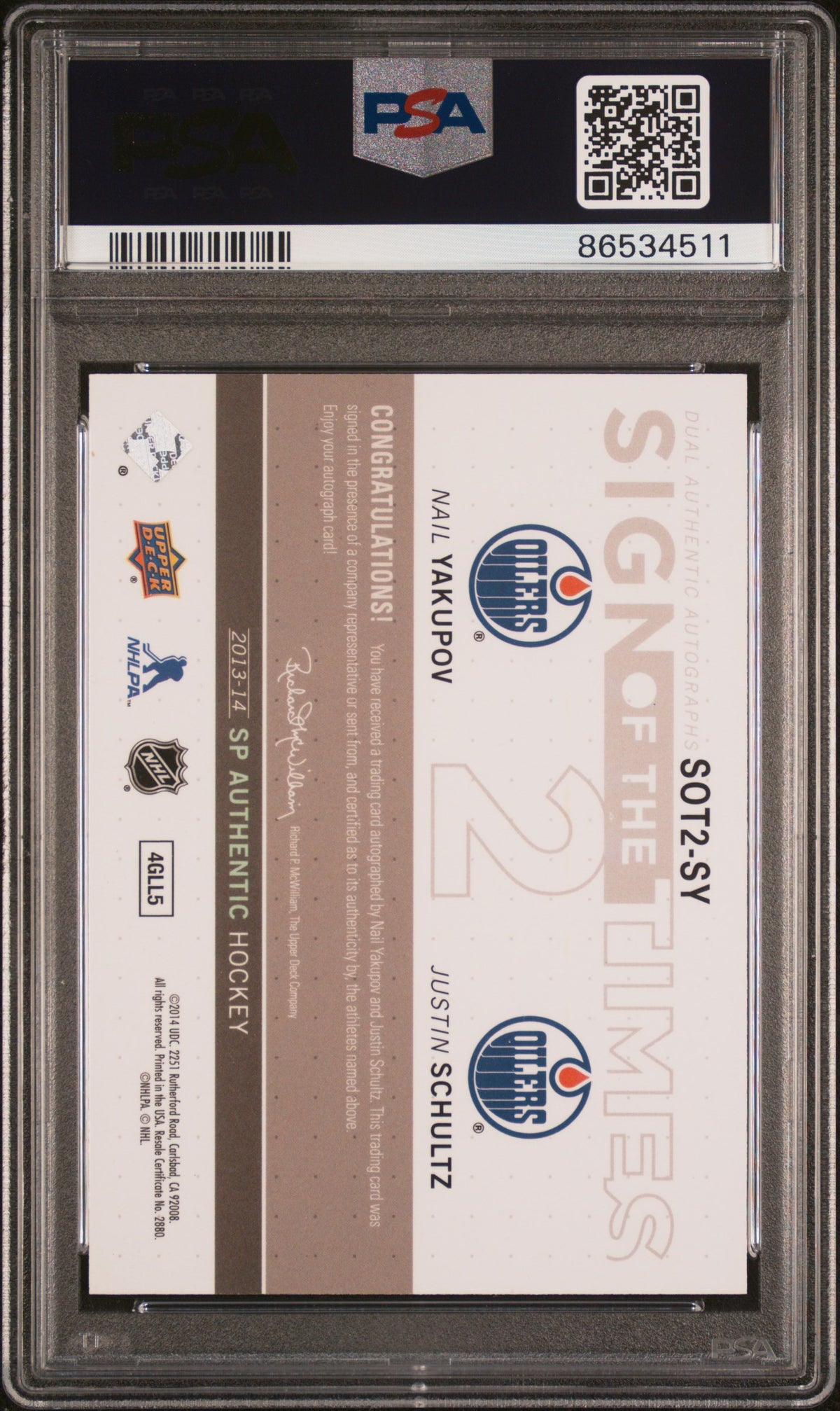2013 SP Authentic Sign Of The Times 2 J. Schultz N. Yakupov /25 #SY PSA 9 Oilers