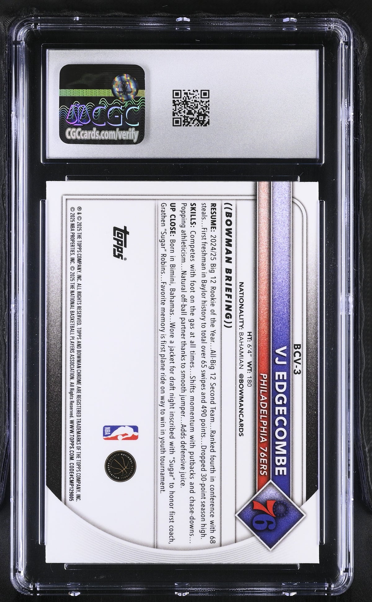2025-26 Bowman VJ Edgecombe Rookie Chrome #BCV-3 CGC 10 Philadelphia 76ers