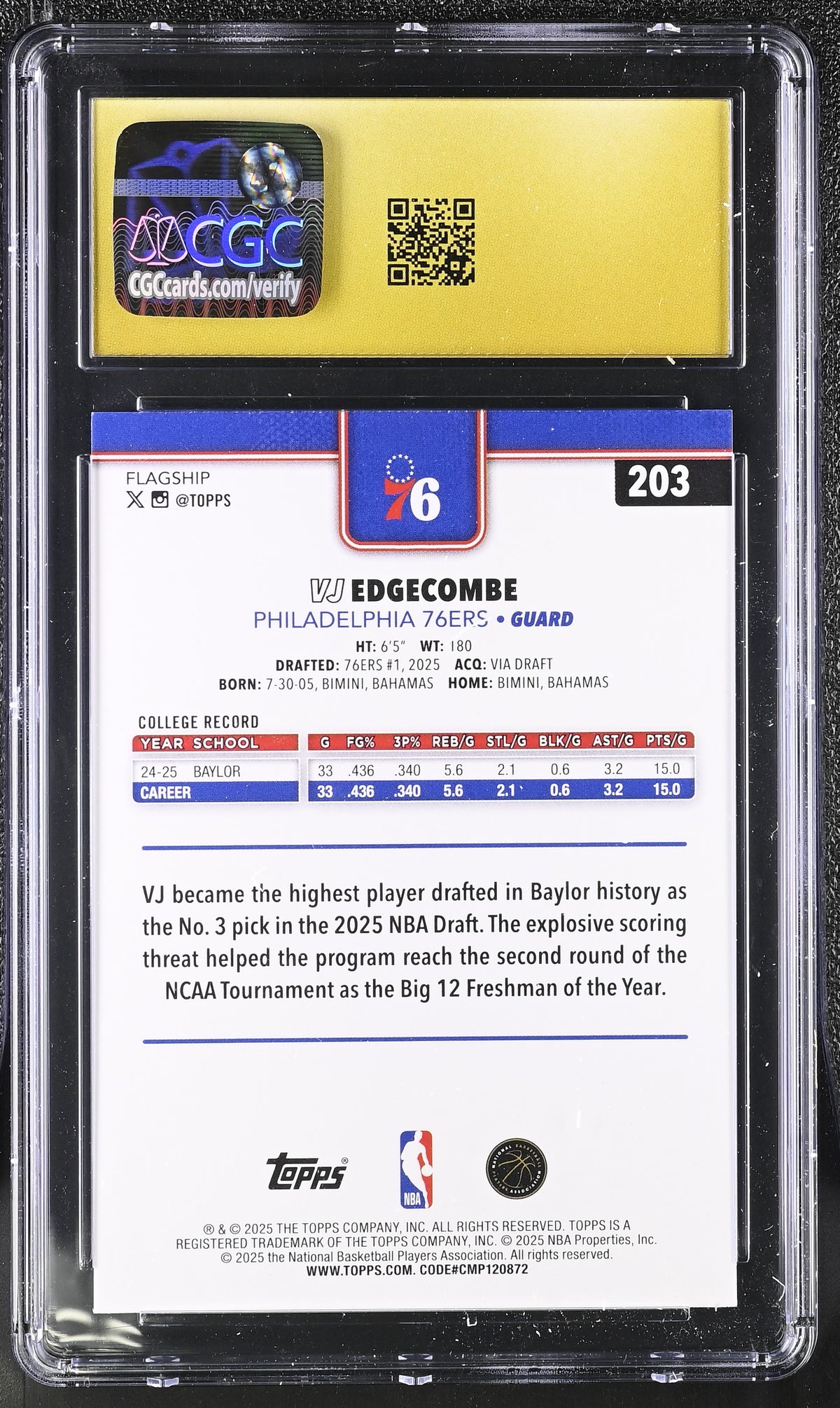 2025-26 Topps VJ Edgecombe Rookie #203 CGC 10 Pristine 76ers