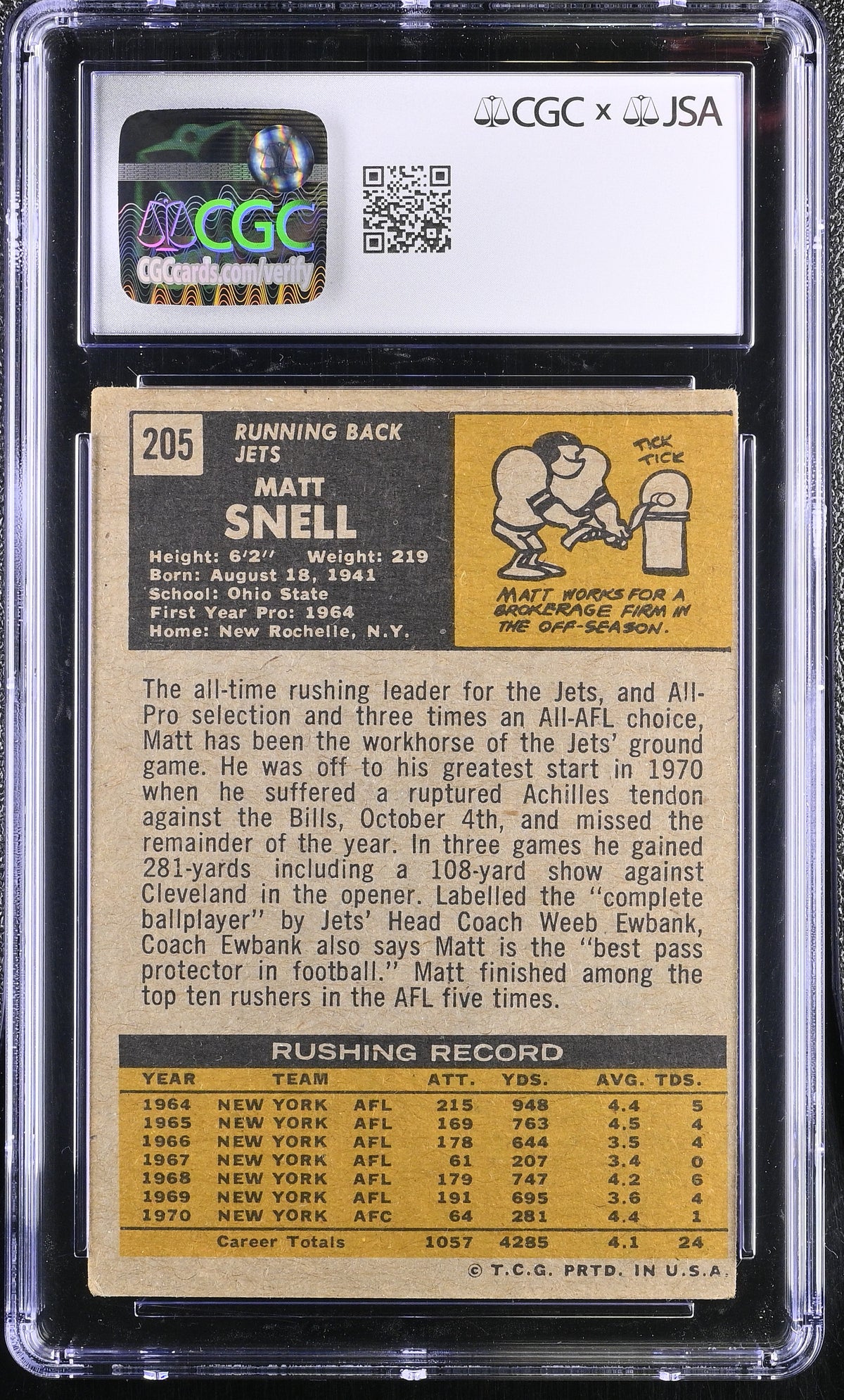 1971 Topps Matt Snell Auto Autograph #205 CGC 3 JSA New York Jets