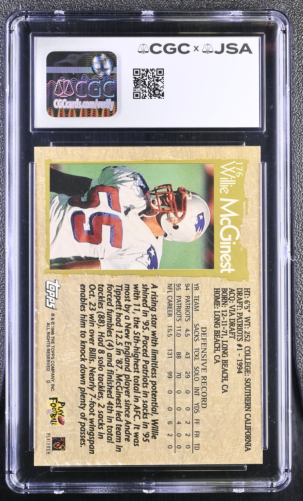 1996 Topps Willie McGinest Auto Autograph #176 CGC Authentic JSA Patriots