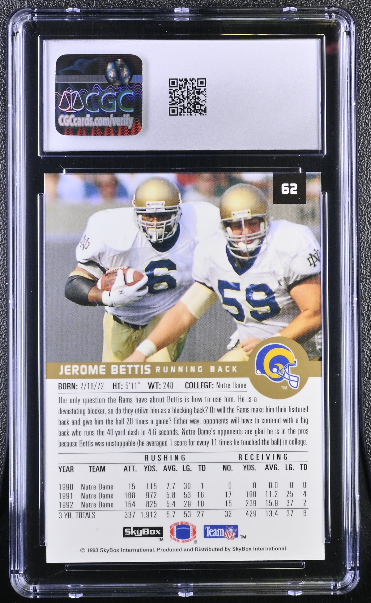 1993 Skybox Premium Jerome Bettis Rookie #62 CGC 9.5 Notre Dame Fighting Irish