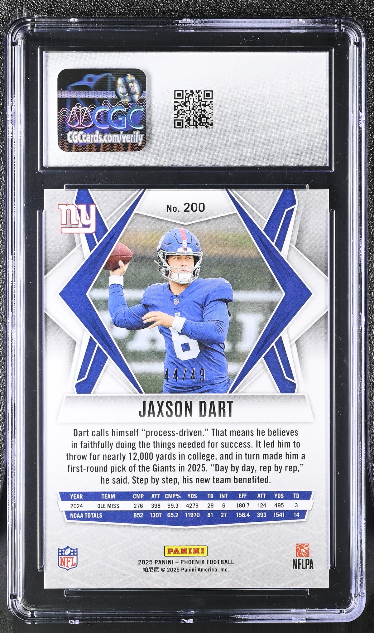 2025 Panini Phoenix Jaxson Dart Green Lazer /49 Rookie #200 CGC 10 Giants