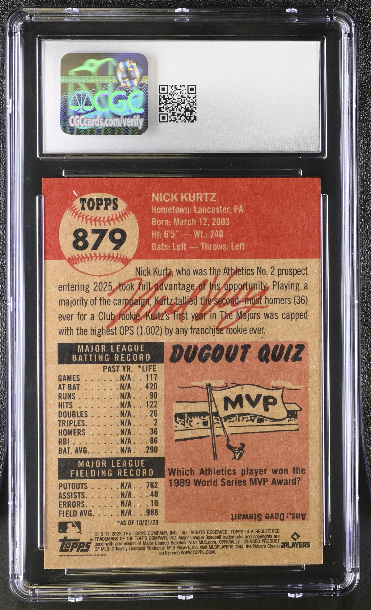 2025 Topps Living Set Nick Kurtz #879 CGC 9