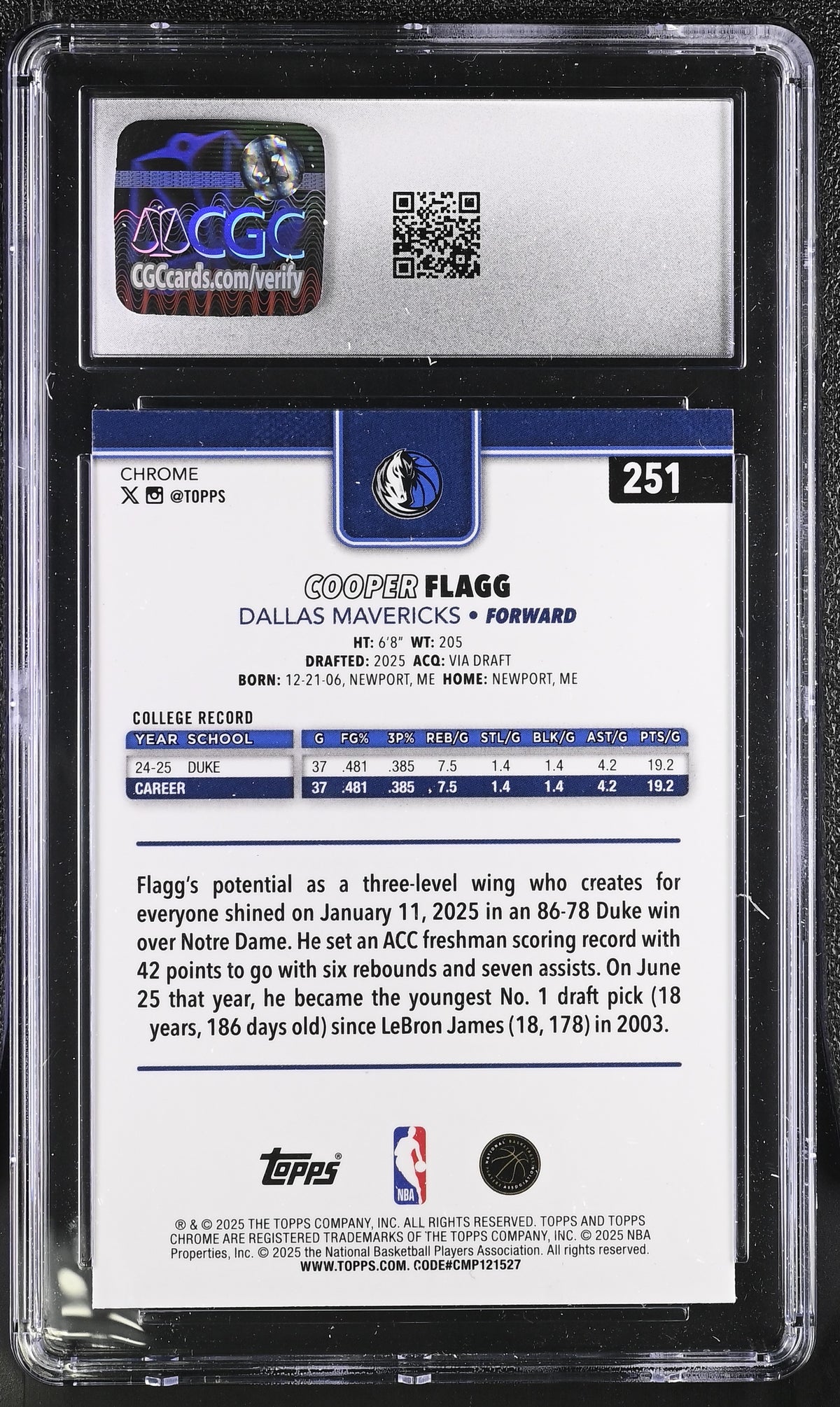 2025-26 Topps Chrome Cooper Flagg Rookie #251 CGC 9.5 Dallas Mavericks