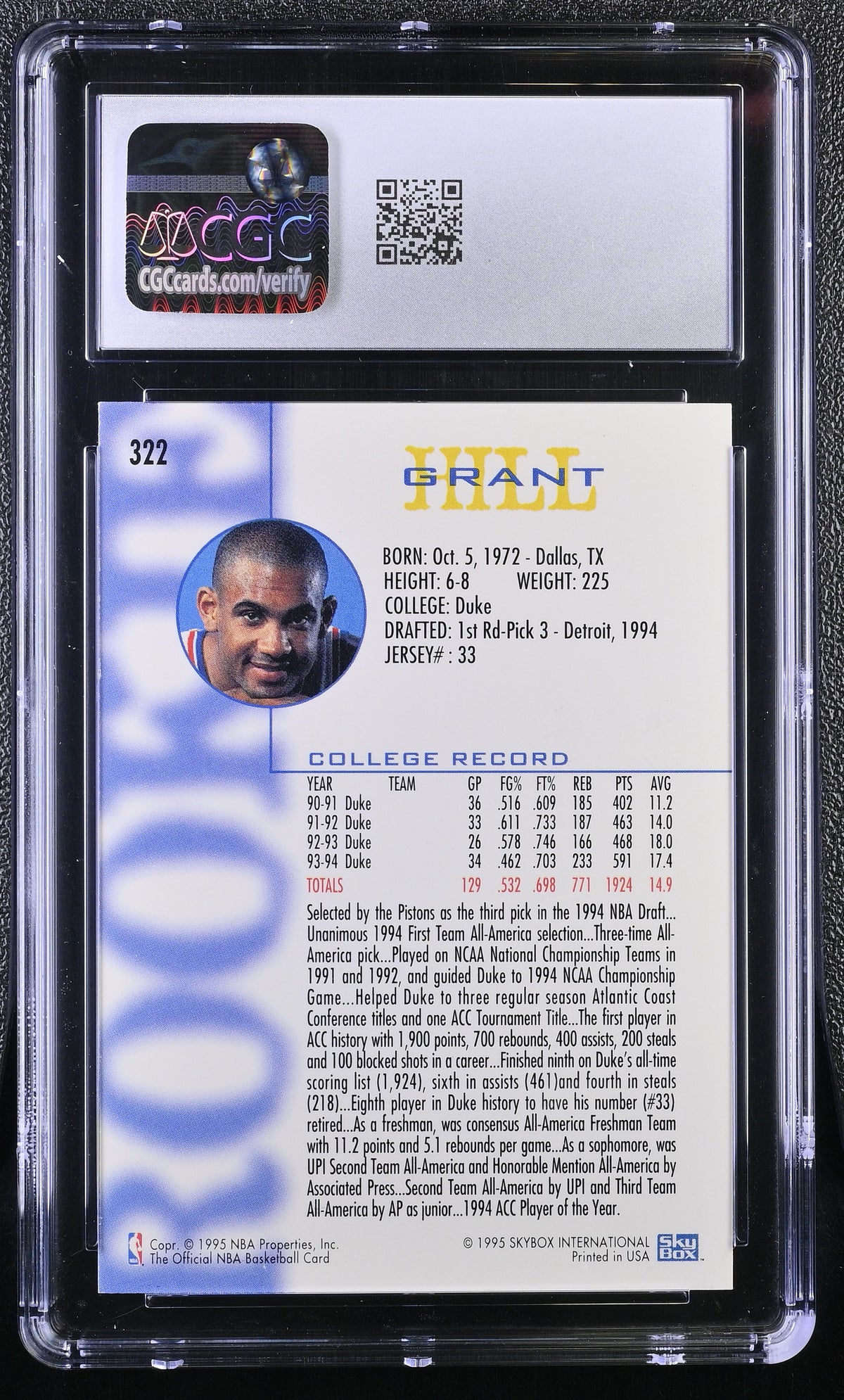 1994-95 Hoops Grant Hill Rookie #322 CGC 9.5 Detroit Pistons