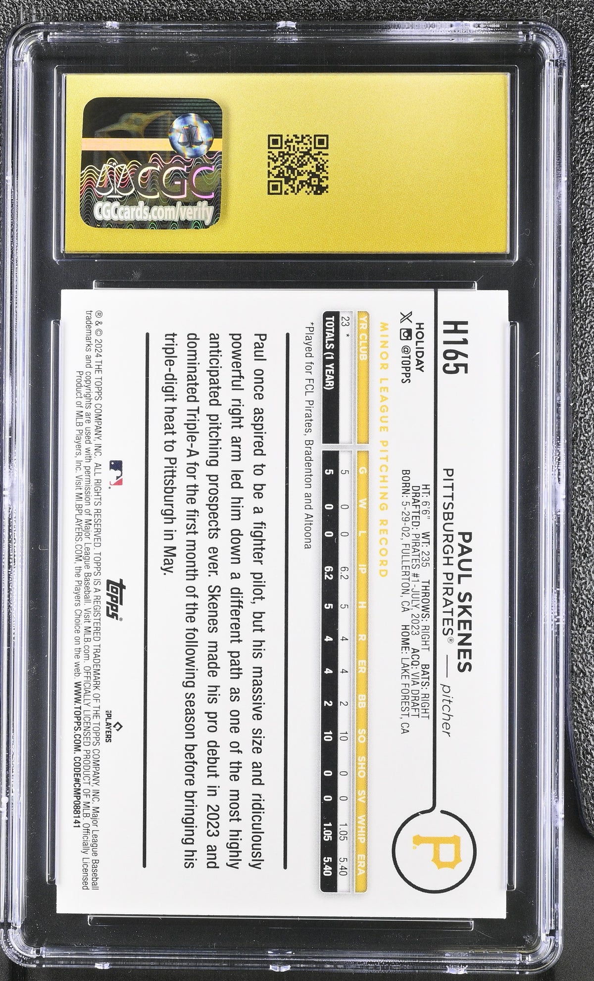2024 Topps Holiday Paul Skenes Rookie #H165 CGC 10 Pristine Pittsburgh Pirates