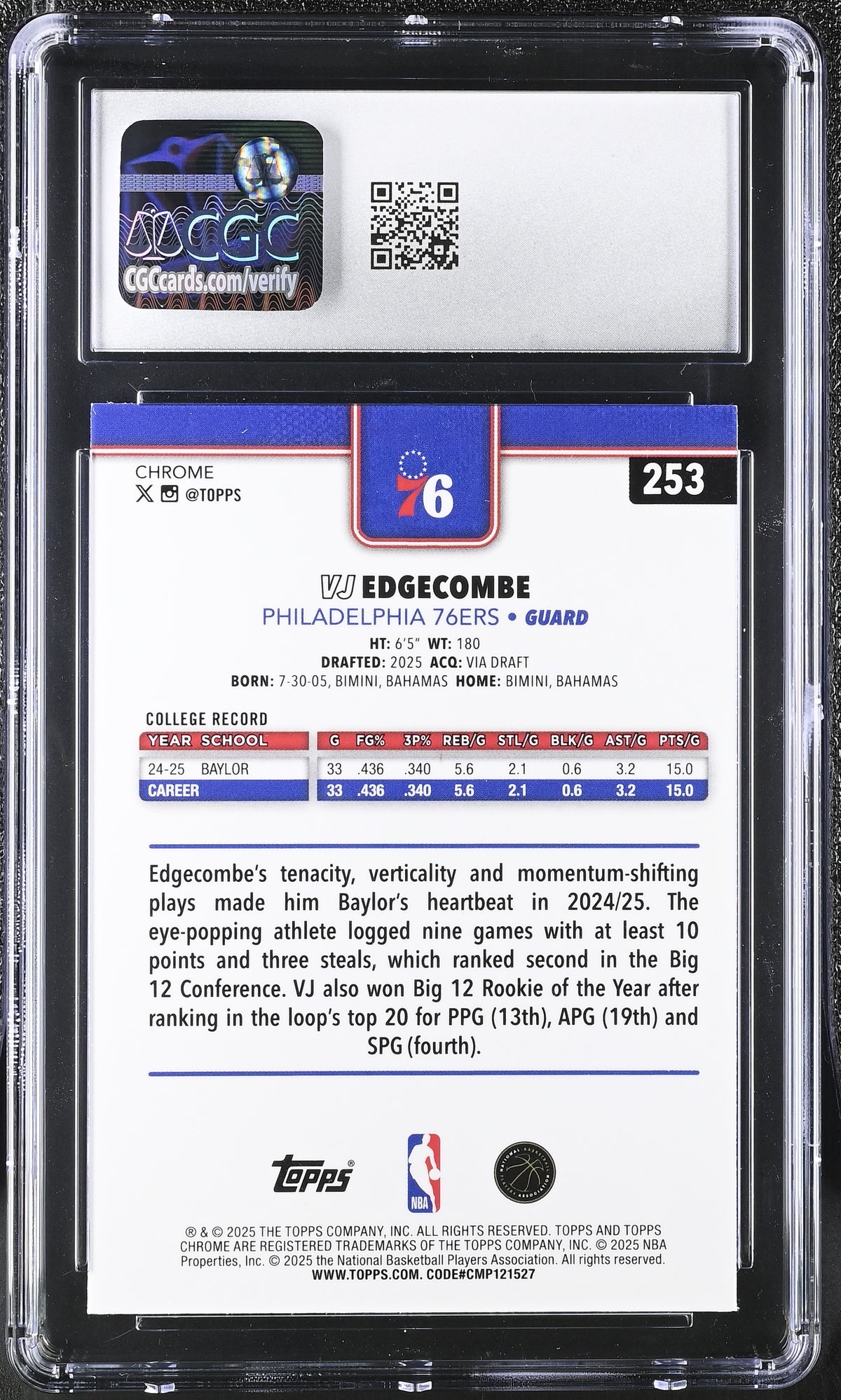 2025-26 Topps Chrome VJ Edgecombe Rookie #253 CGC 9.5 Philadelphia 76ers
