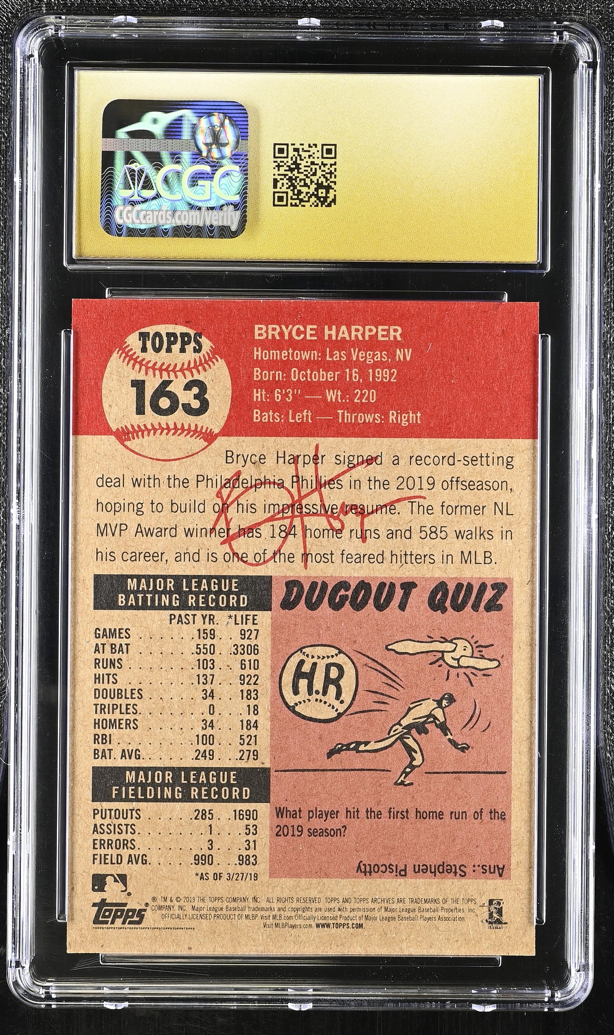 2019 Topps Living Set Bryce Harper #163 CGC 10 Philadelphia Phillies