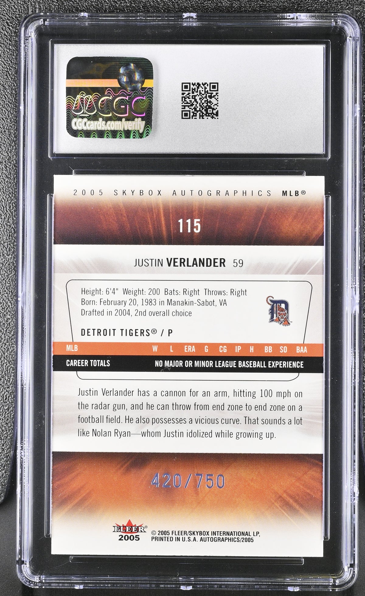 2005 Skybox Autographics Justin Verlander /750 Rookie #115 CGC 9.5 Tigers